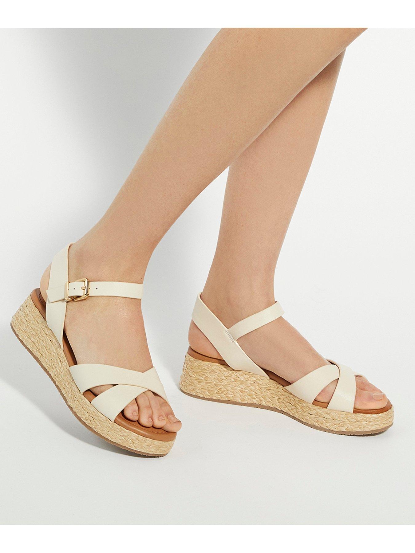 Image 6 of 6 of Dune London Wide Fit Littleton Leather Raffia Flatform Sandals - White