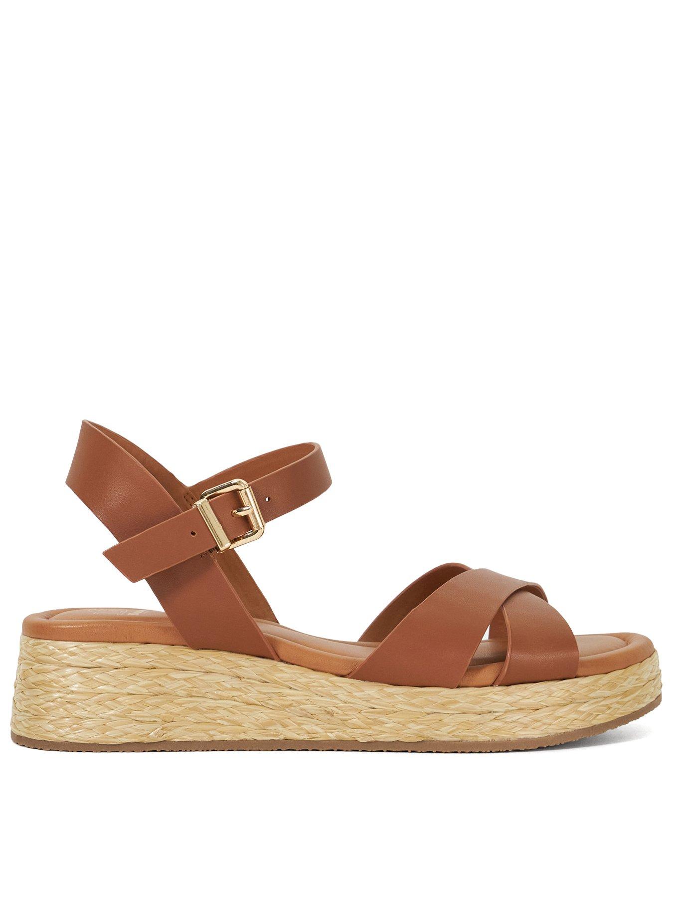 Dune London Littleton Leather Raffia Flatform Sandals - Tan