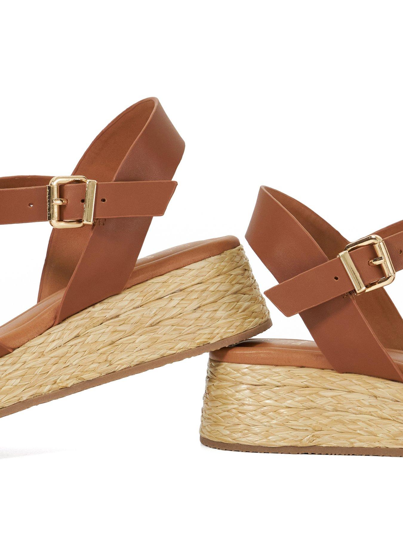 Image 5 of 6 of Dune London Littleton Leather Raffia Flatform Sandals - Tan