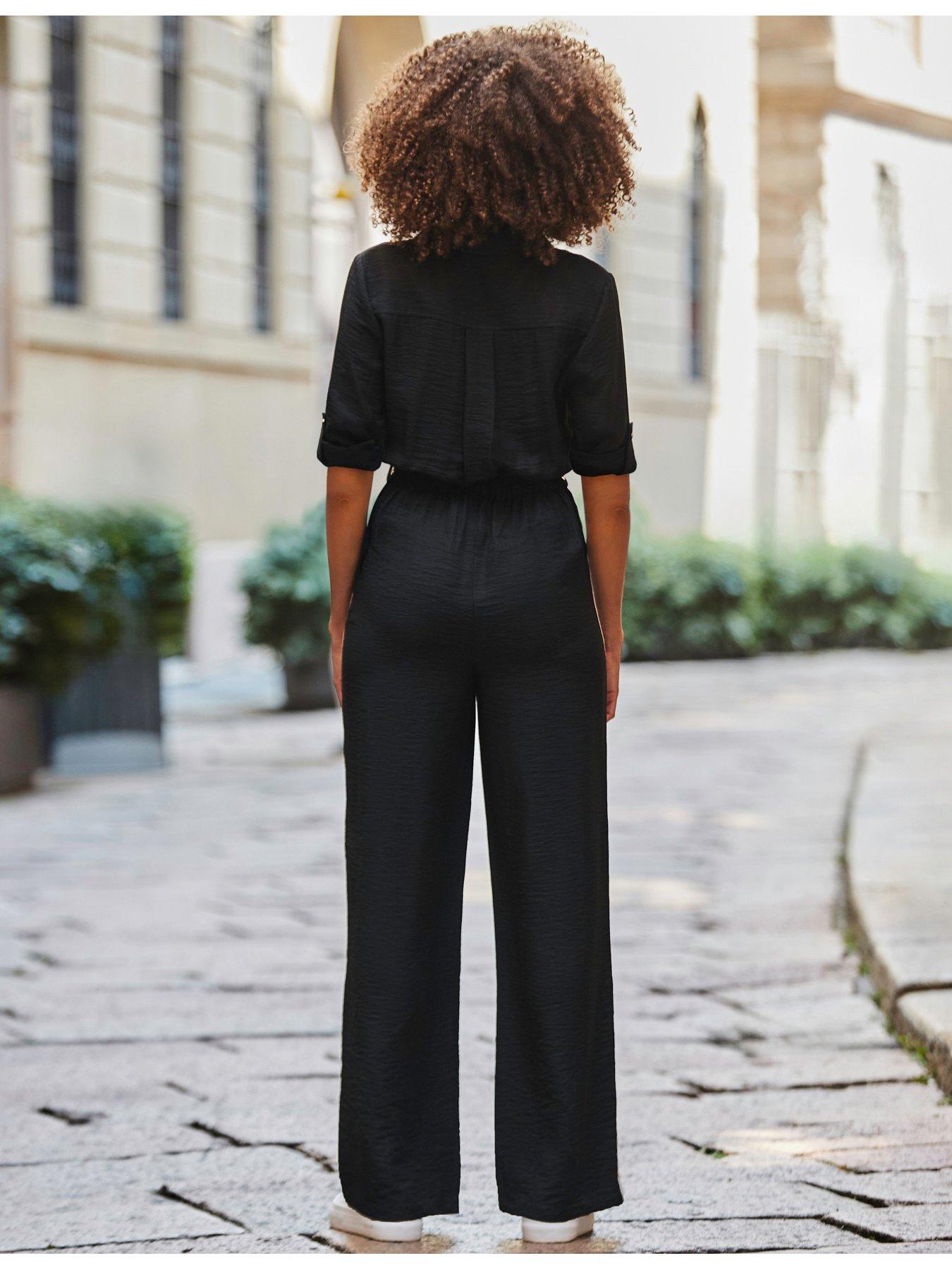 Image 2 of 4 of Sosandar Side Stripe Button Front Jumpsuit (Short) - Black