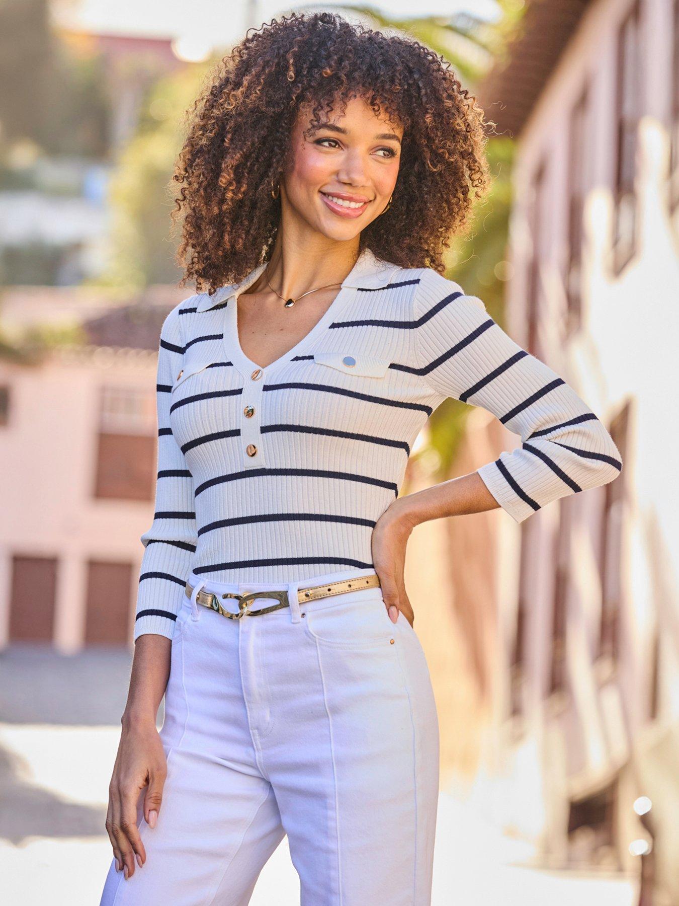 Sosandar Stripe V Neck Collar Knitted Rib Jumper - Ivory