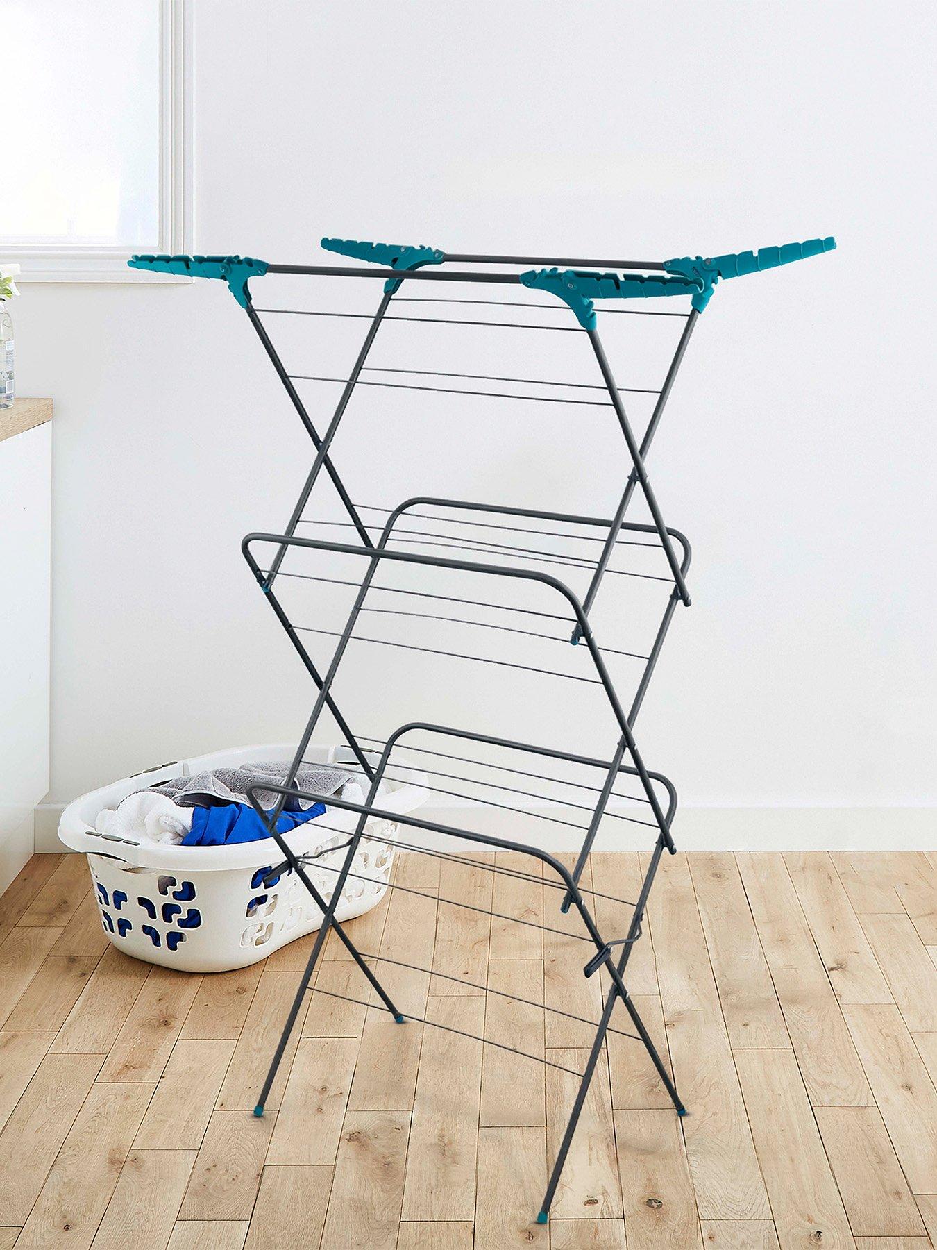 Tower 3 Tier Concertina Airer With Fold Out Hooks, Anthracite  &  Teal