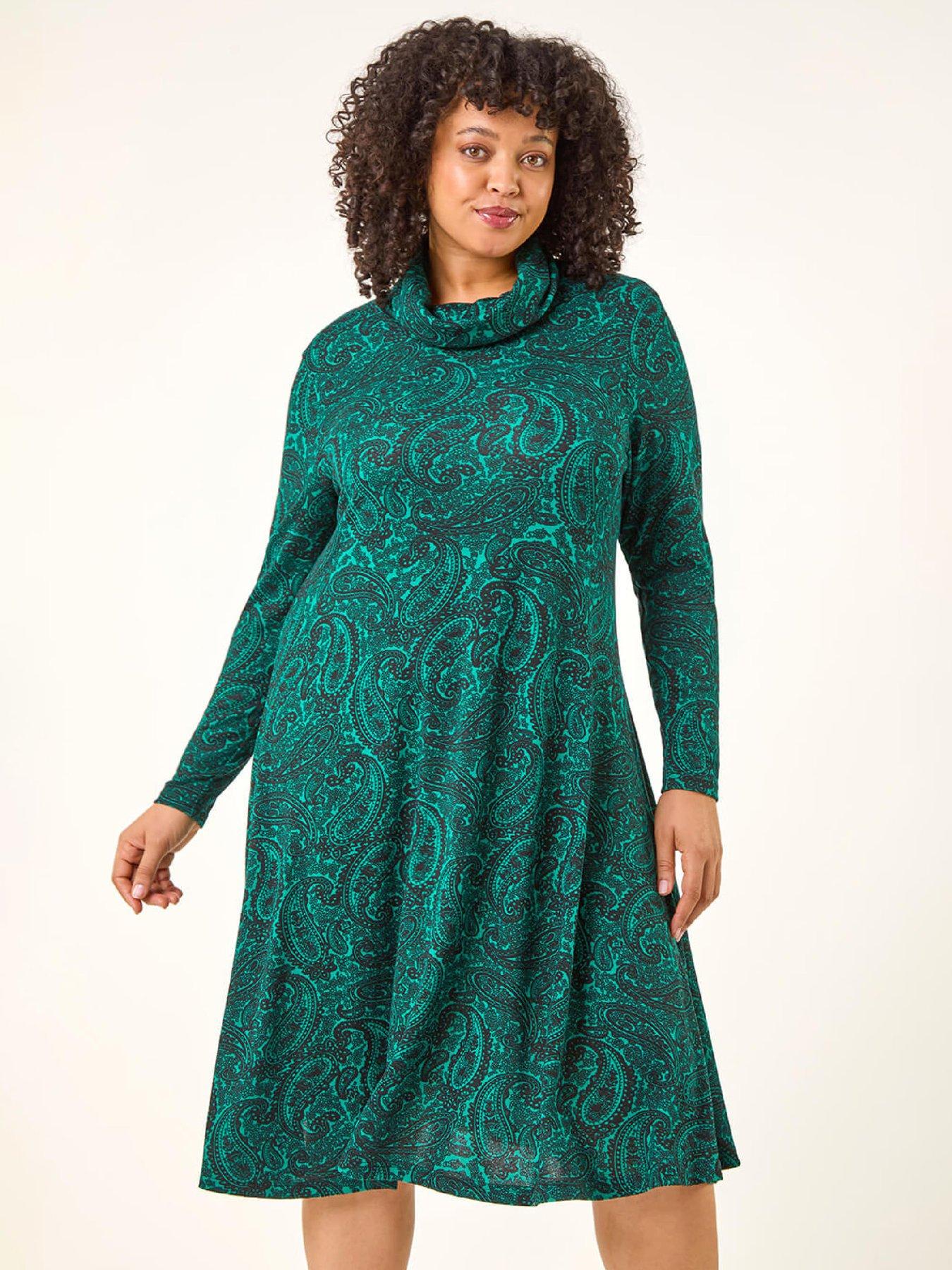 Roman Curve Paisley Cowl Neck Stretch Dress