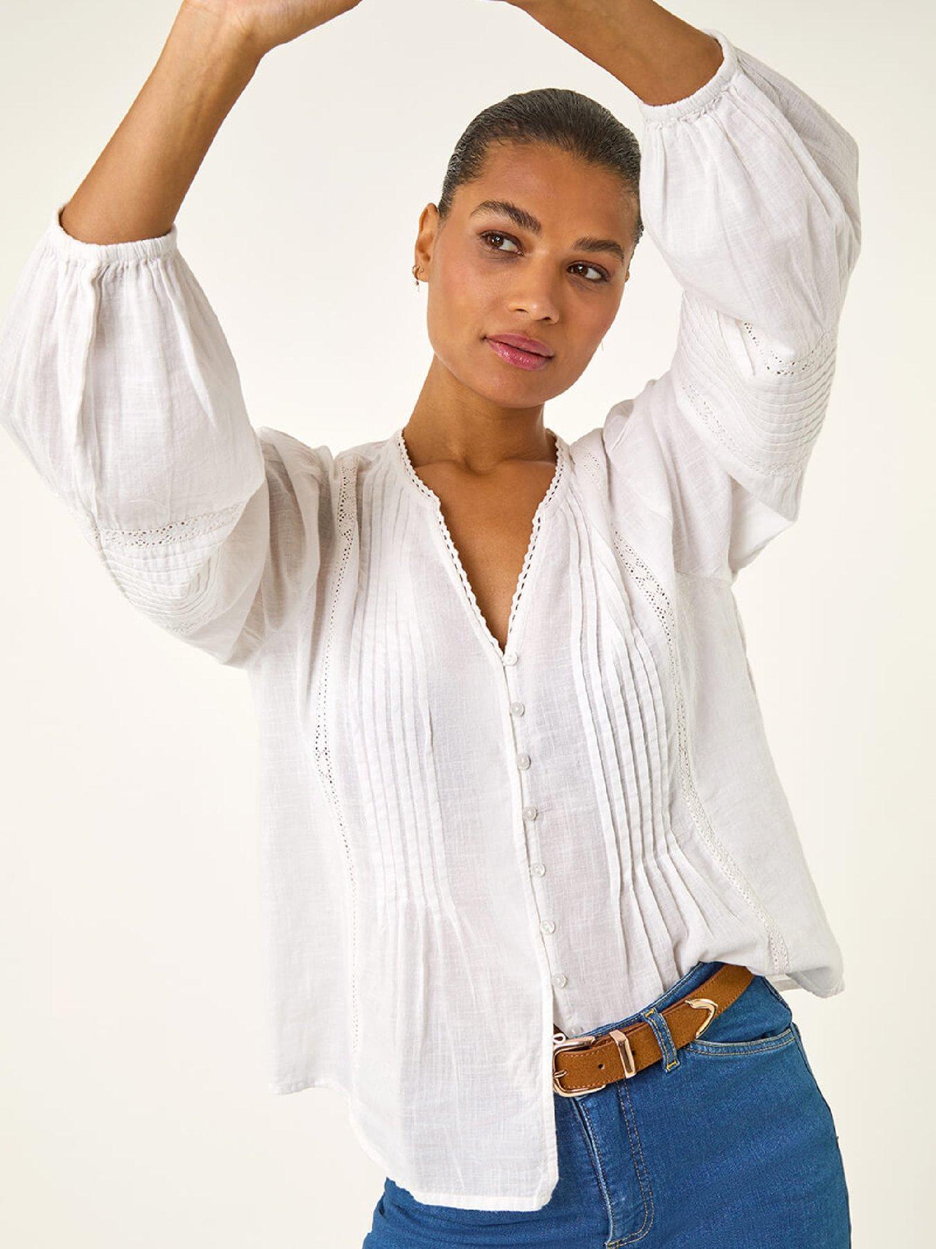 Roman Pleated V-neck Cotton Blouse