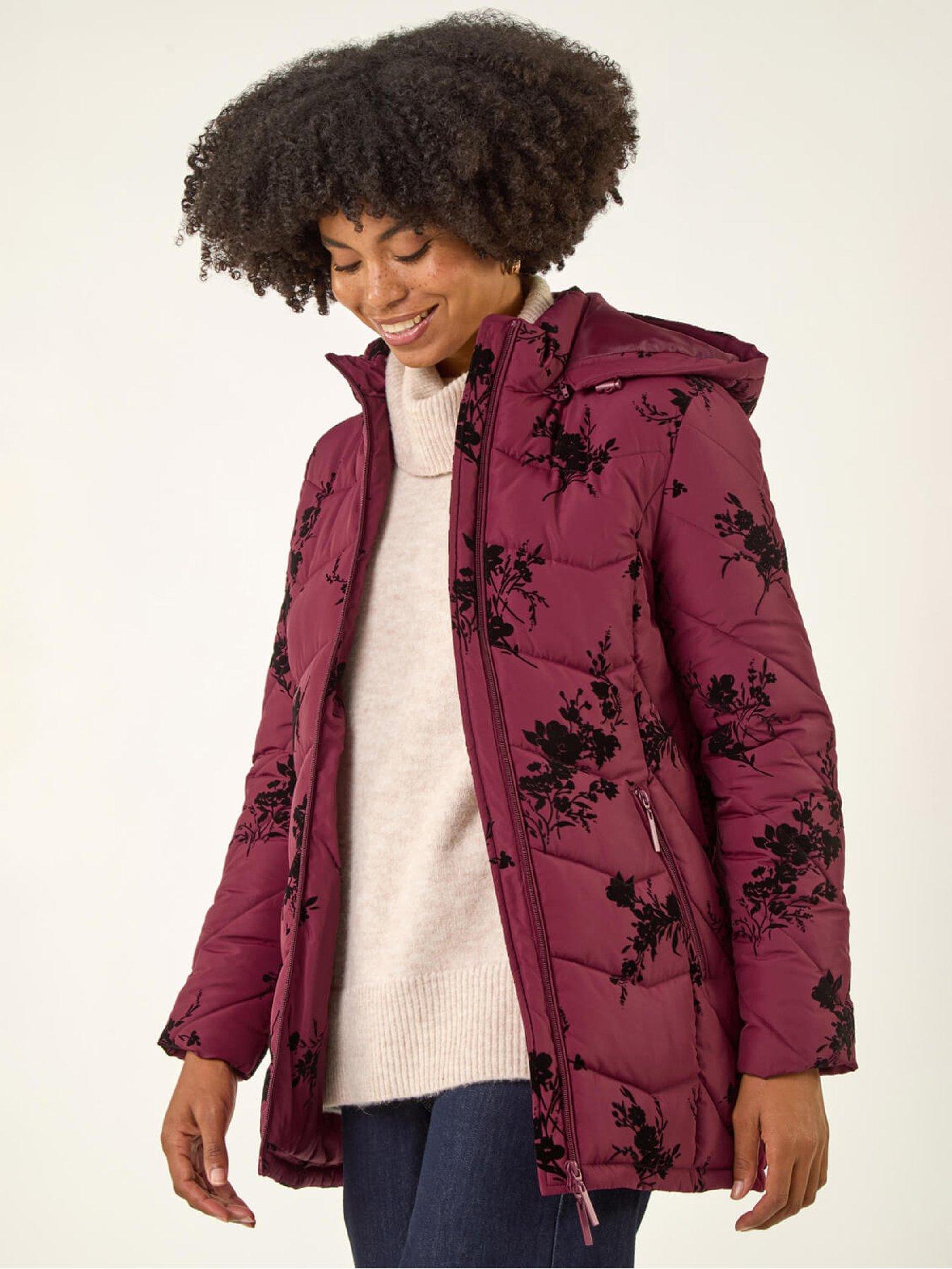 Roman Women's Burgundy Floral Flock Padded Coat Size 18 - Image 2