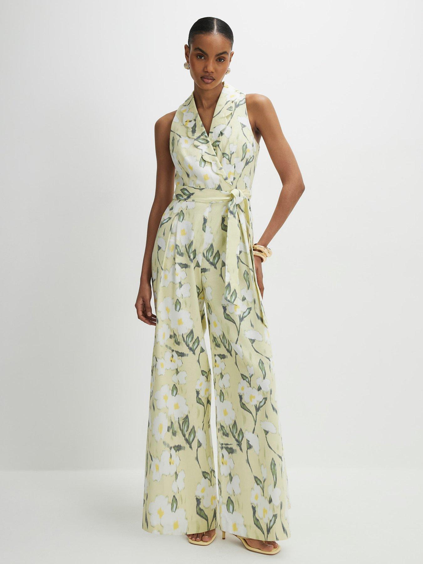 River Island Floral Scallop Linen Jumpsuit - Green