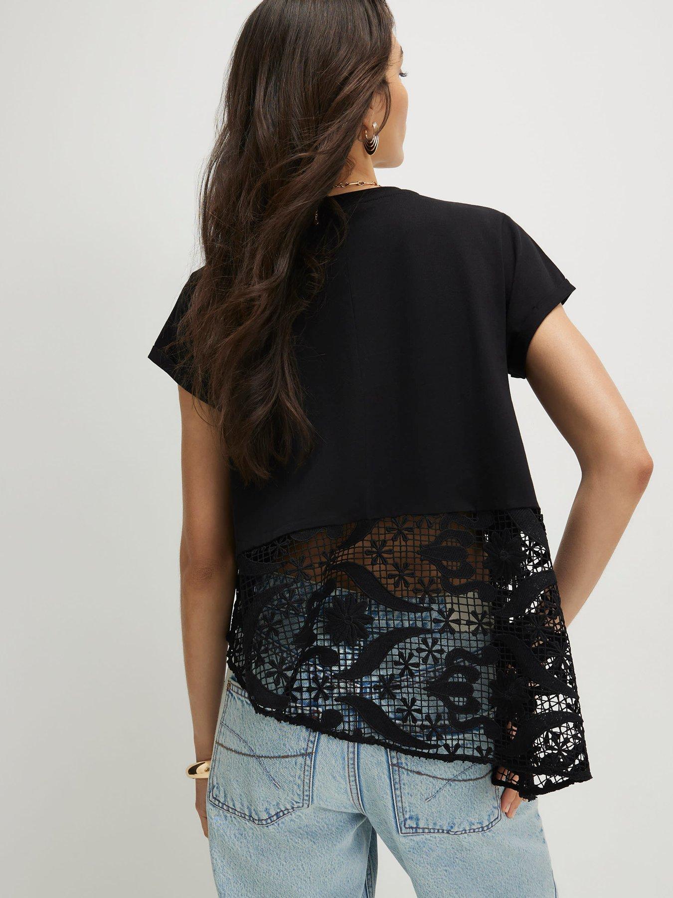River Island Short Sleeve Spliced Lace T-Shirt - Black | Very