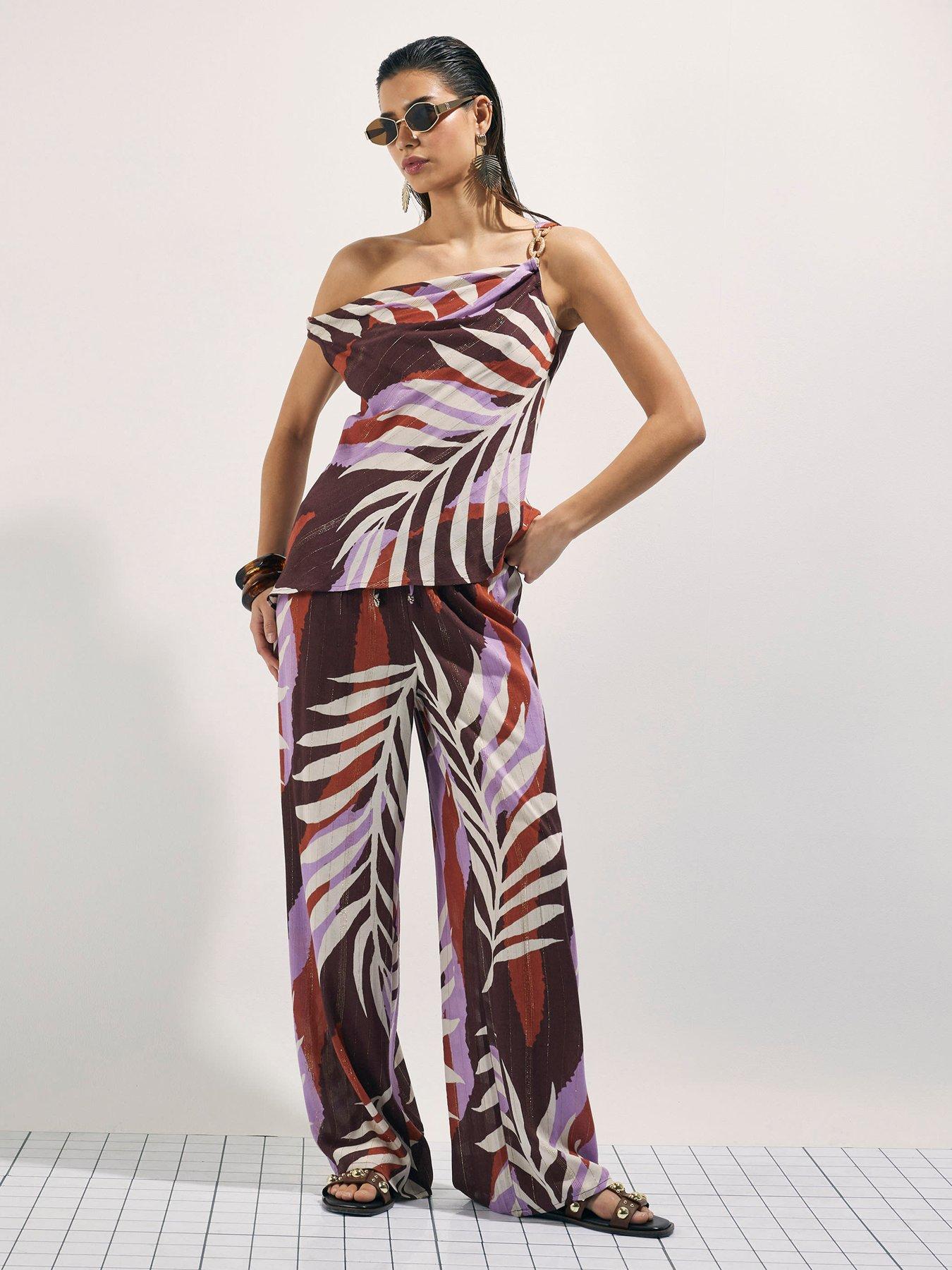 Image 1 of 4 of River Island Printed Leaf Co-ord Wide Leg Trouser - Brown