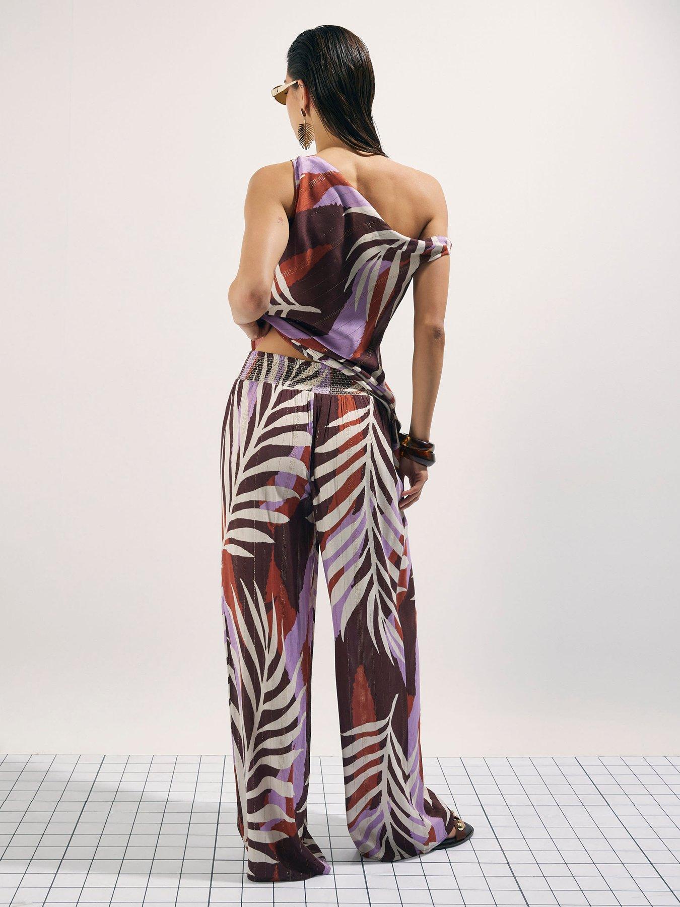 Image 2 of 4 of River Island Printed Leaf Co-ord Wide Leg Trouser - Brown