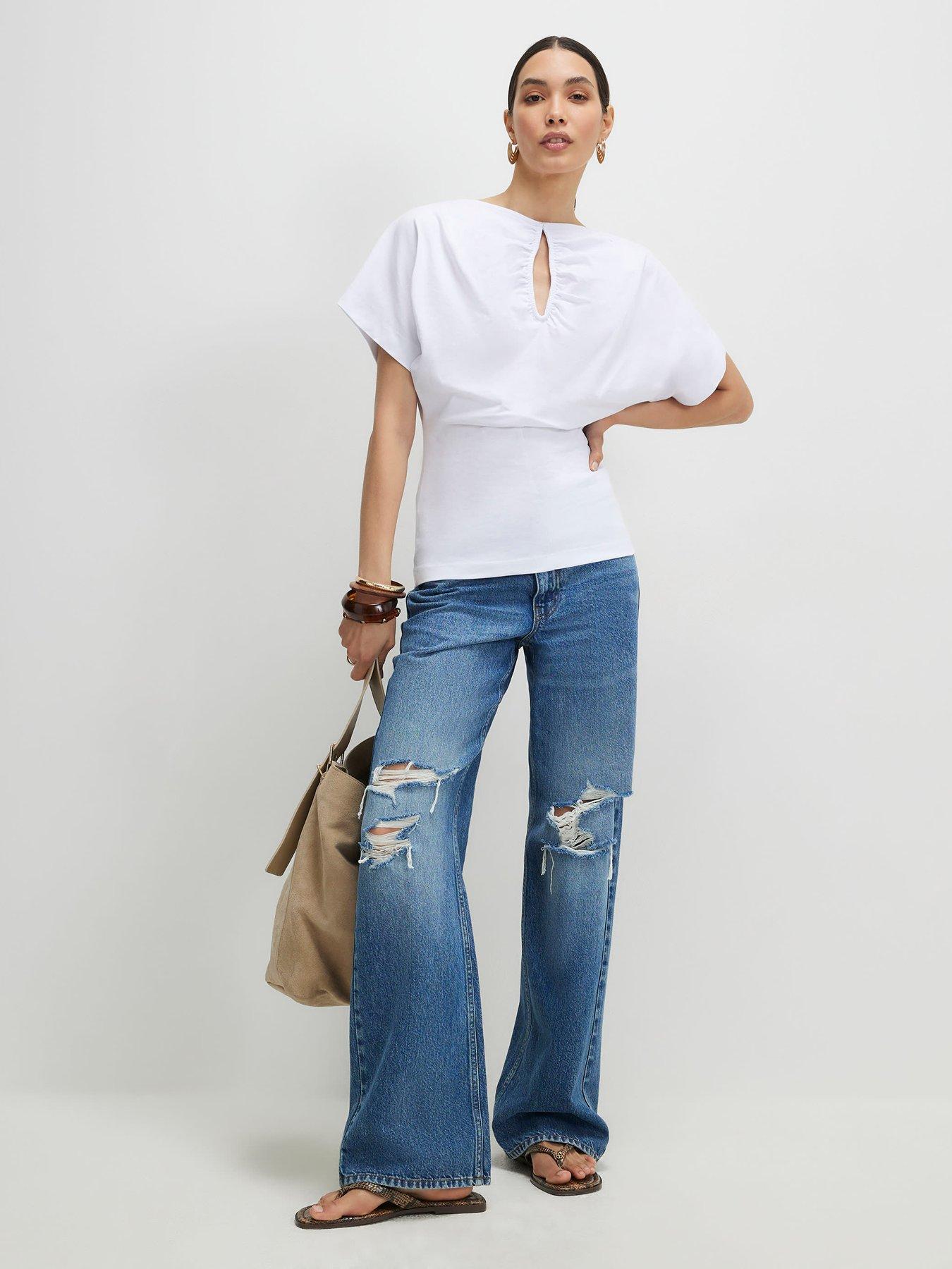 Image 3 of 6 of River Island Short Sleeve Angel Sleeve Cut Out T-Shirt - White