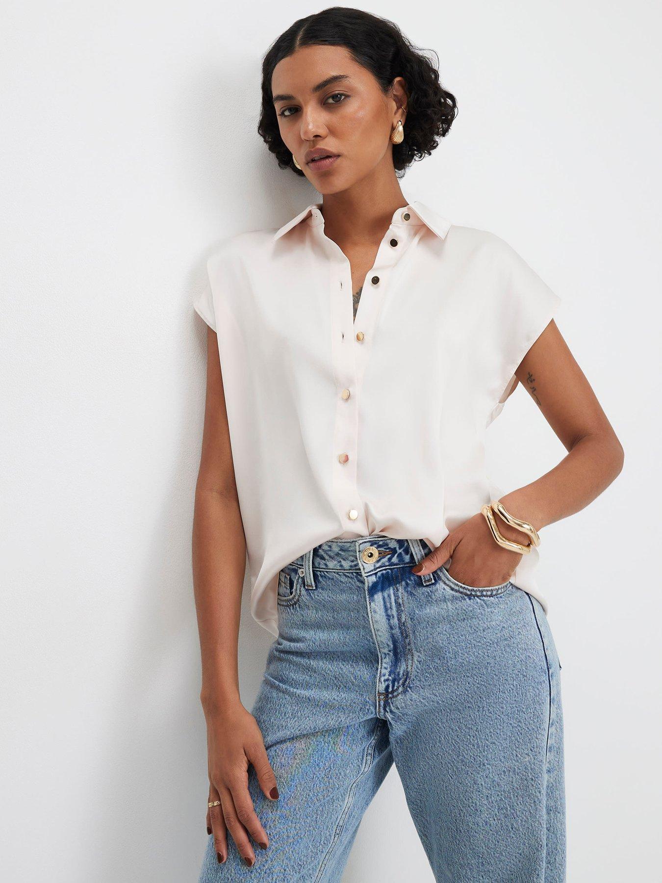 River Island Satin Short Sleeve Shirt - Cream