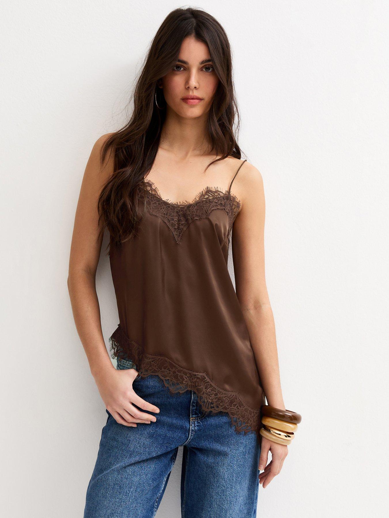 Image 1 of 6 of New Look Dark Brown Satin Asymmetric Lace Hem Cami Top