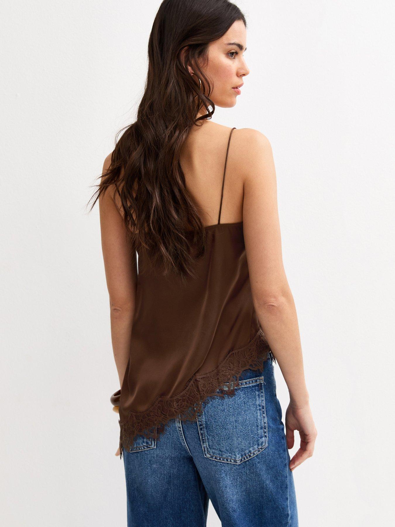 Image 2 of 6 of New Look Dark Brown Satin Asymmetric Lace Hem Cami Top