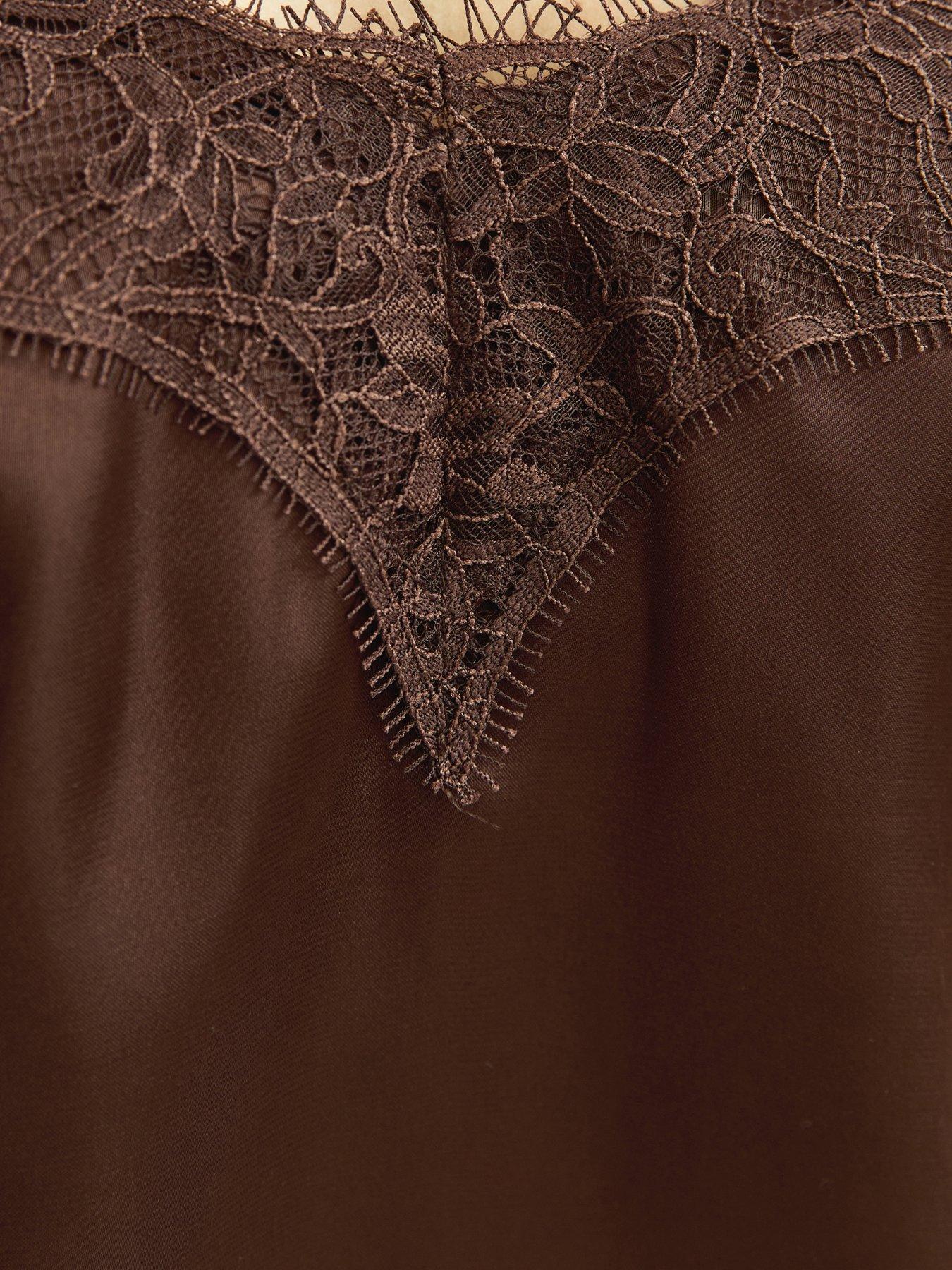 Image 6 of 6 of New Look Dark Brown Satin Asymmetric Lace Hem Cami Top