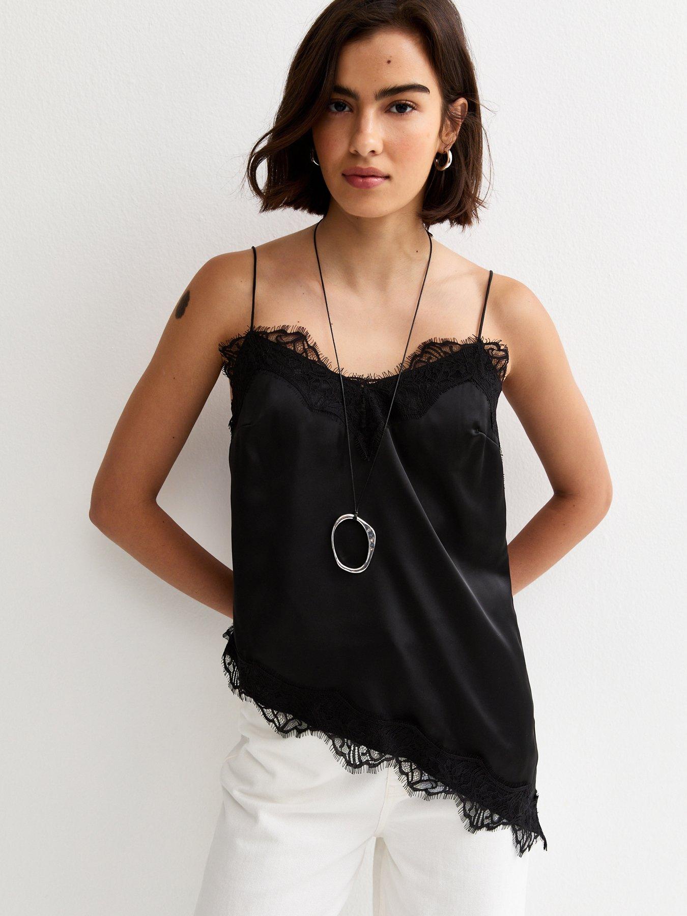 Image 1 of 5 of New Look Black Asymmetric Lace Cami Top