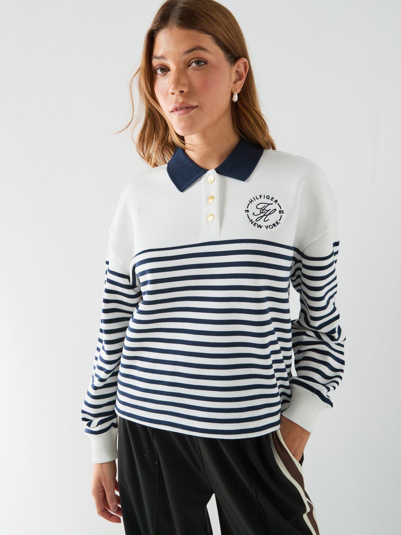 Tommy Hilfiger Gold-Tone Button Relaxed Polo Sweatshirt, Blue, Size Xl, Women