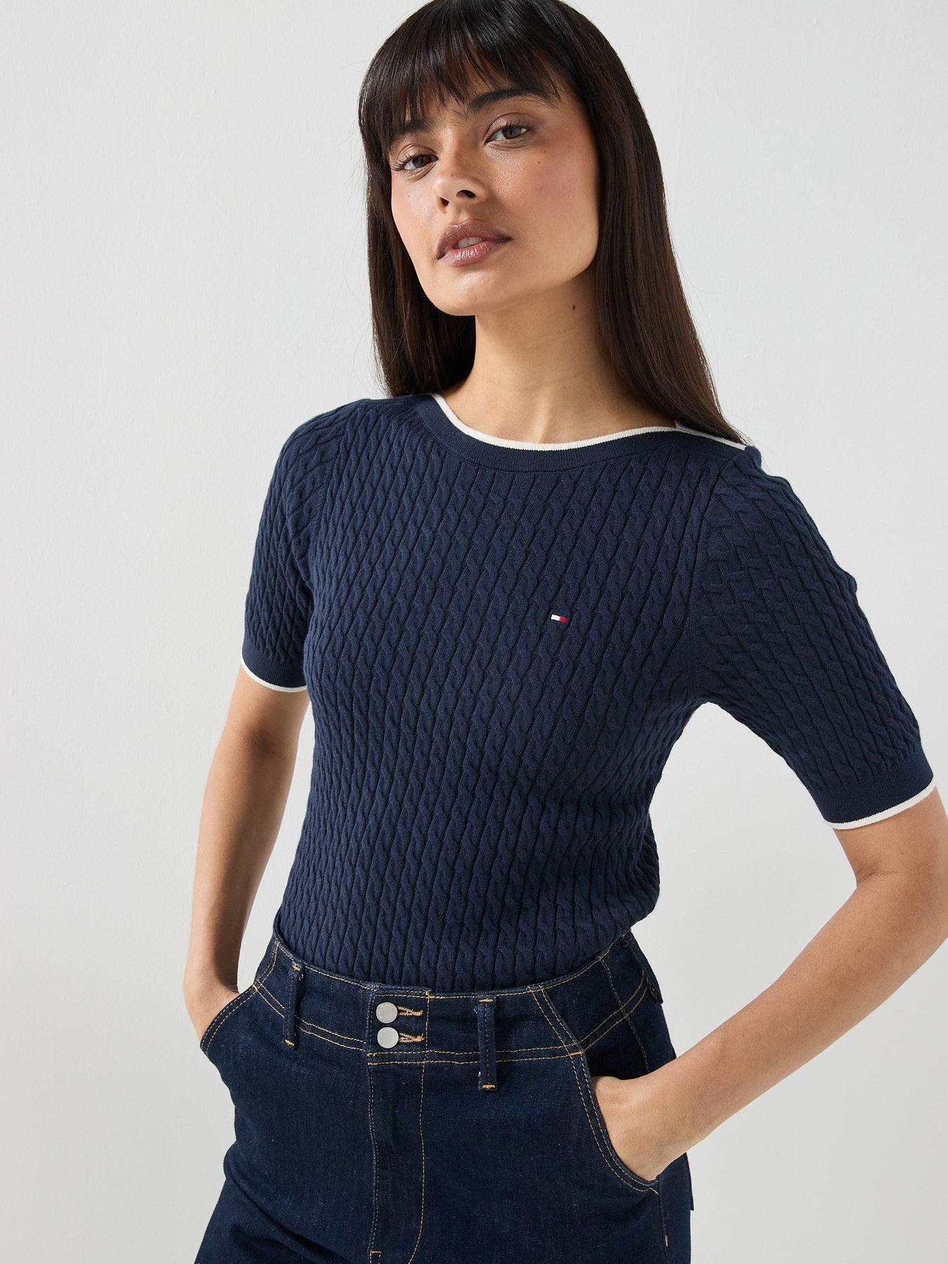 Image 1 of 4 of Tommy Hilfiger Cable Knit Boat Neck Short Sleeve Jumper - Dark Blue