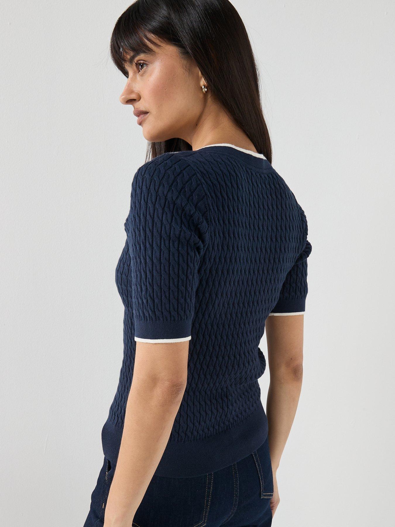 Image 2 of 4 of Tommy Hilfiger Cable Knit Boat Neck Short Sleeve Jumper - Dark Blue