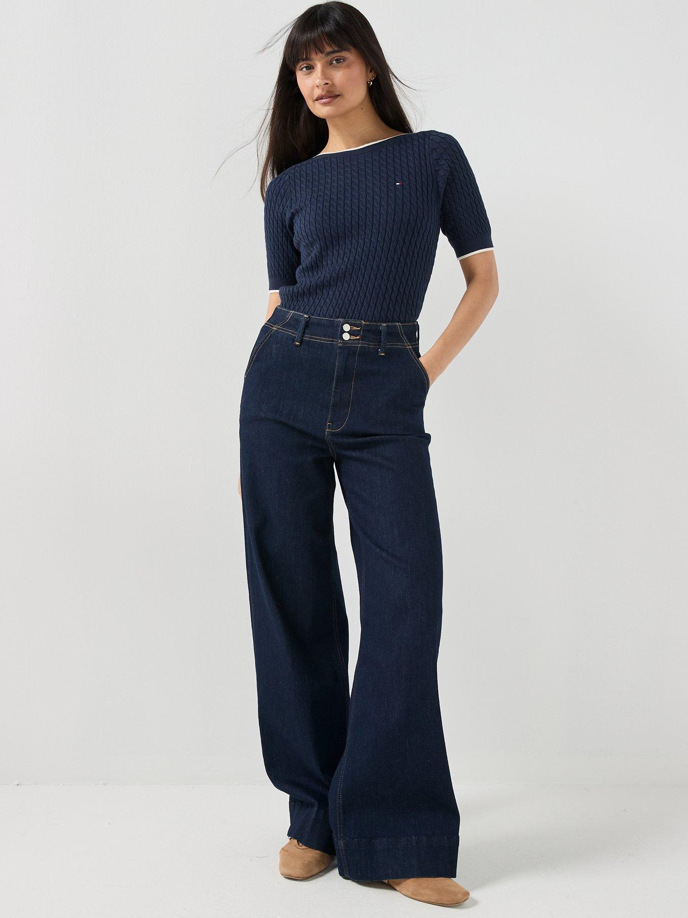 Image 3 of 4 of Tommy Hilfiger Cable Knit Boat Neck Short Sleeve Jumper - Dark Blue