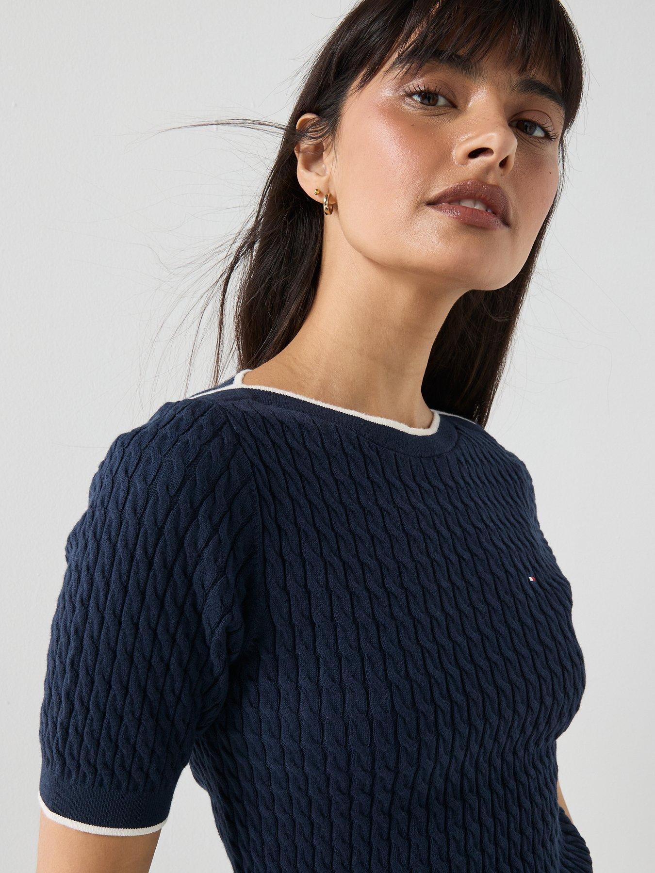 Image 4 of 4 of Tommy Hilfiger Cable Knit Boat Neck Short Sleeve Jumper - Dark Blue