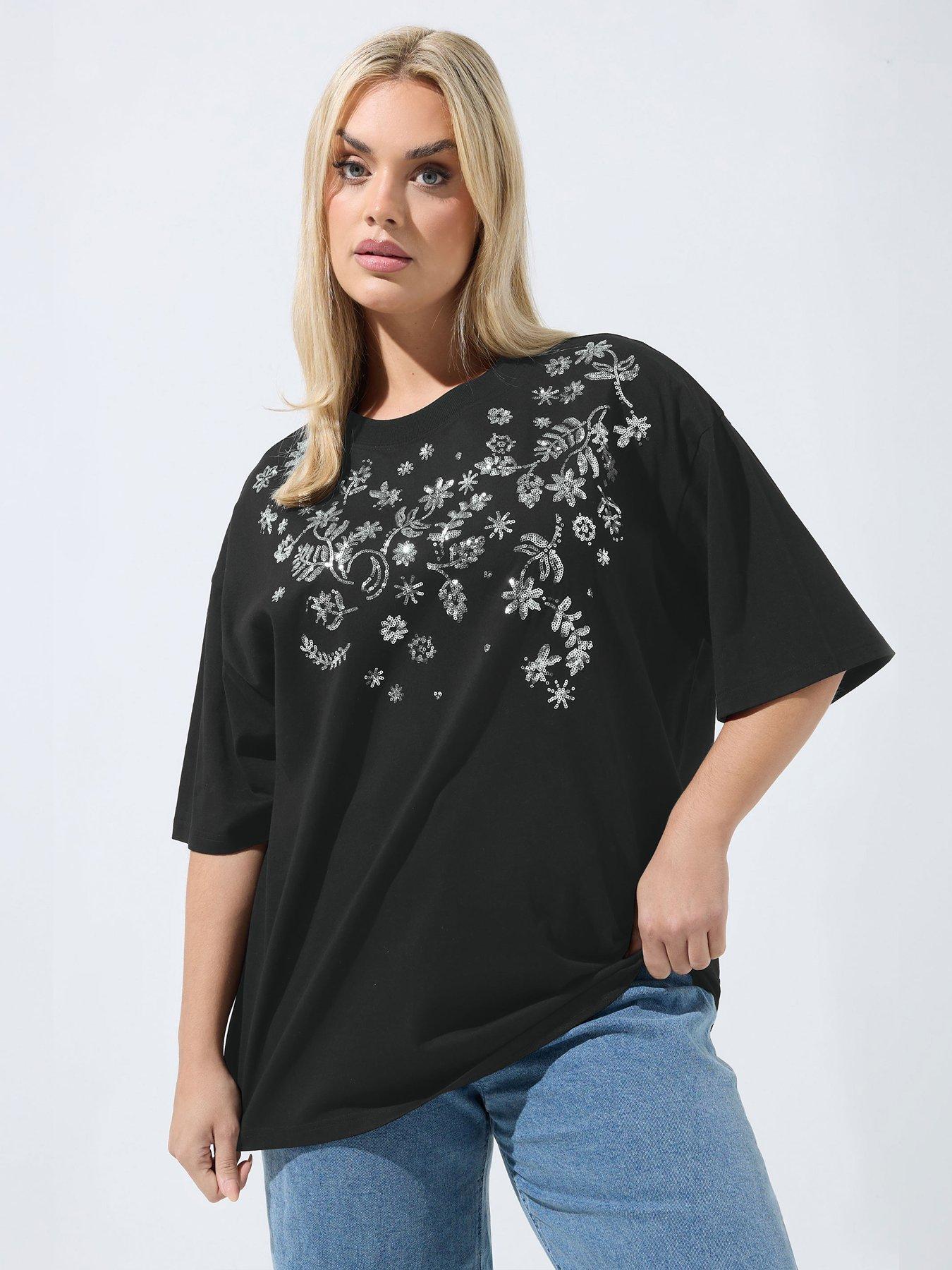 Yours Curve Sequin Floral T-Shirt - Black