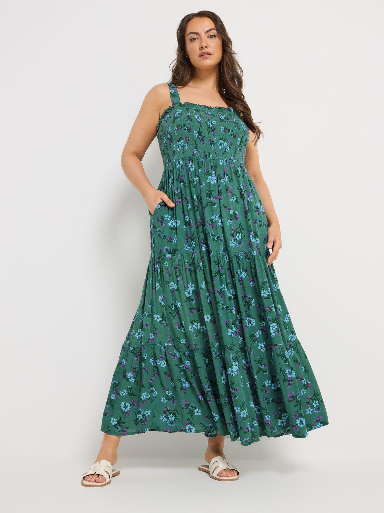 Image 1 of 5 of Yours Curve Shirred Strappy Maxi Dress - Green