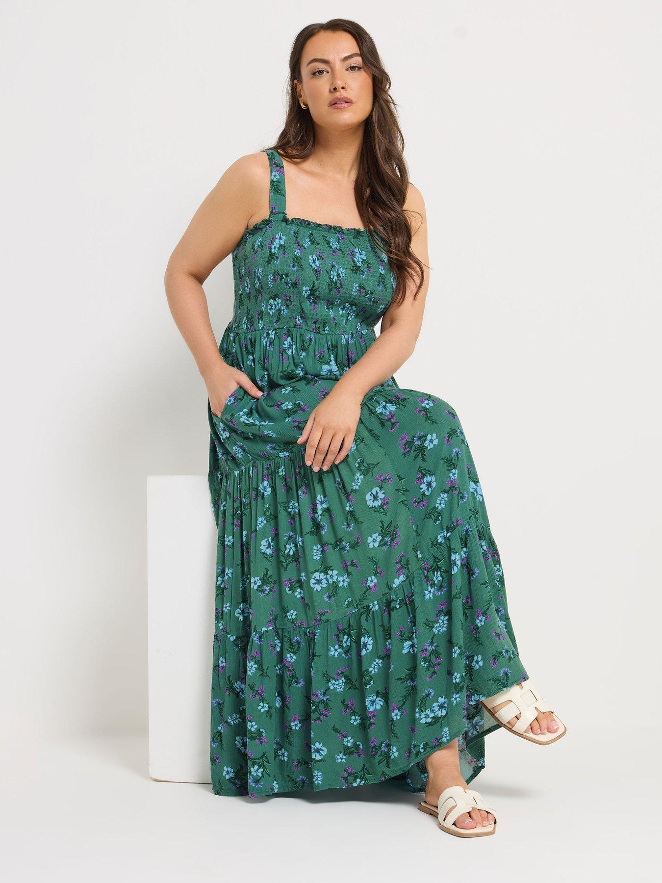 Image 3 of 5 of Yours Curve Shirred Strappy Maxi Dress - Green