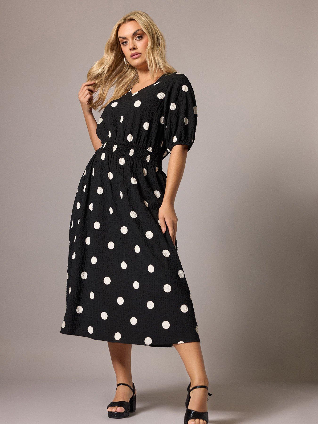 yours-curve-texture-polka-dot-smock-midi-dress-black