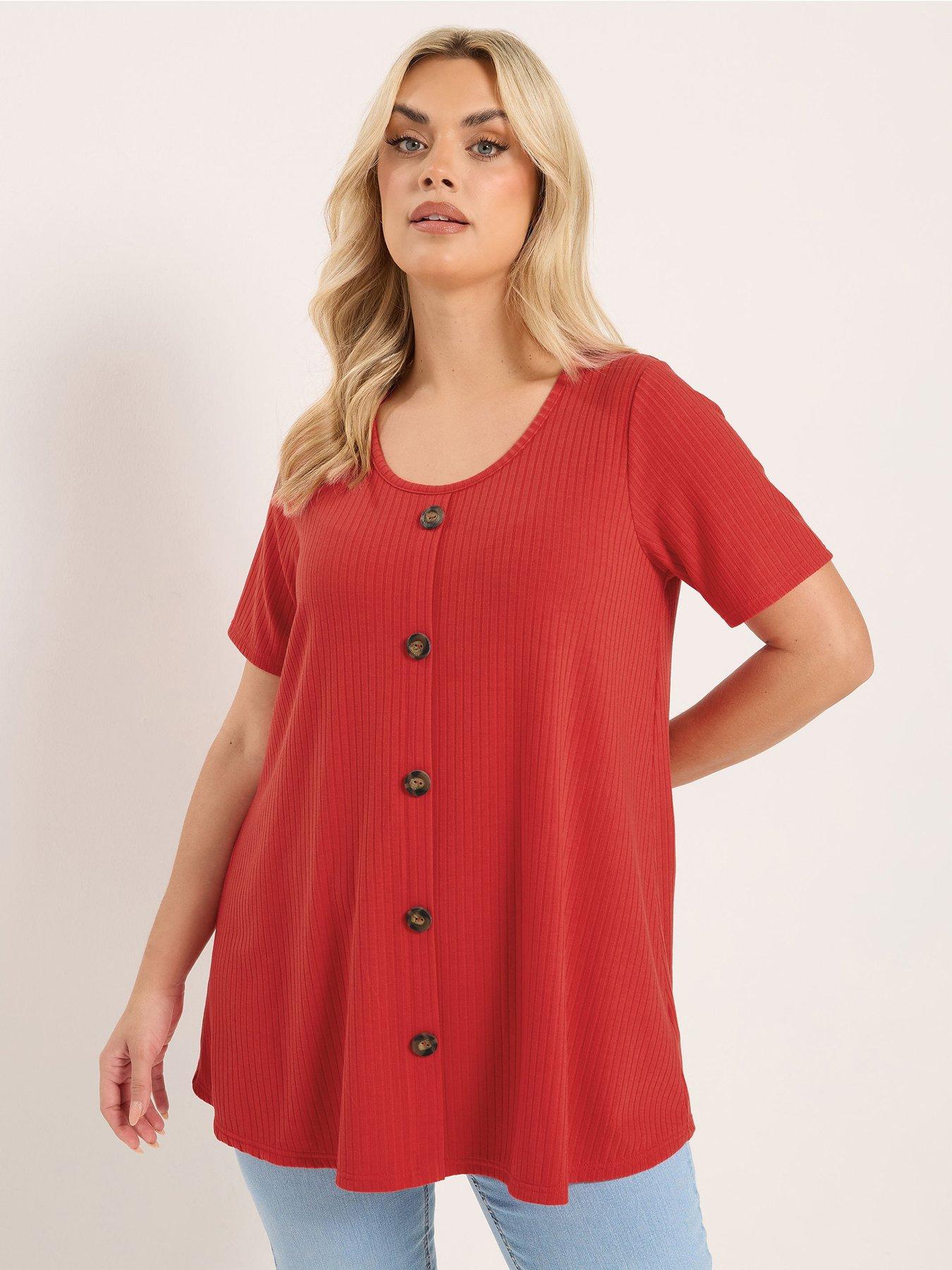 Yours Curve Button Front Swing T-Shirt - Red