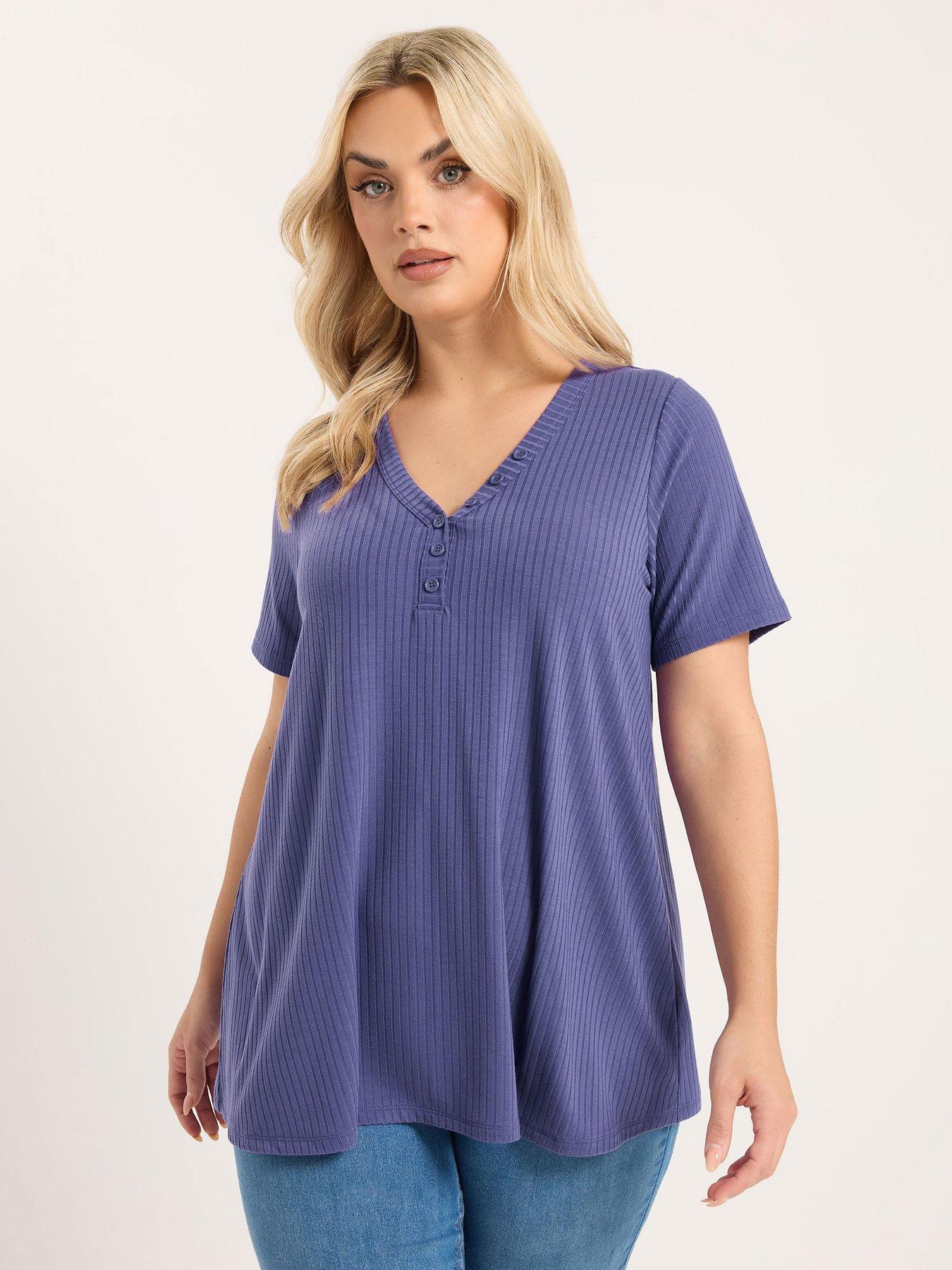 Yours Curve Short Sleeve Henley V Neck T-Shirt - Purple