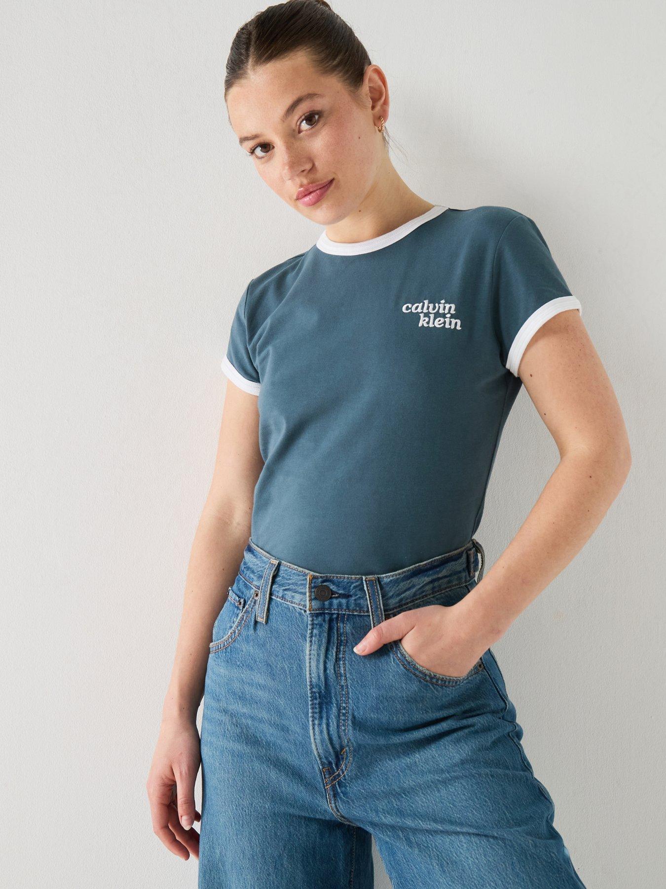 Image 1 of 5 of Calvin Klein Jeans Jeans Embroidered Logo Ringer T-shirt - Dark Grey