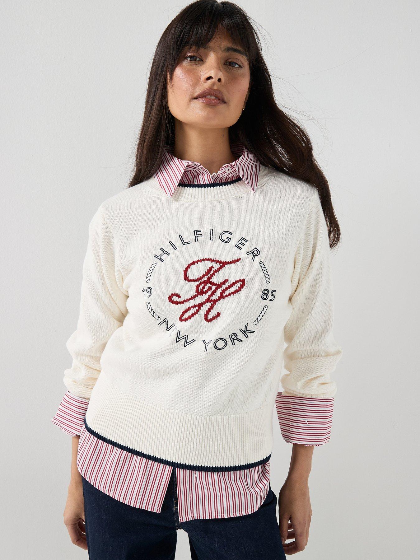 Image 1 of 6 of Tommy Hilfiger Logo Embroidery Relaxed Crew Neck Jumper - Cream