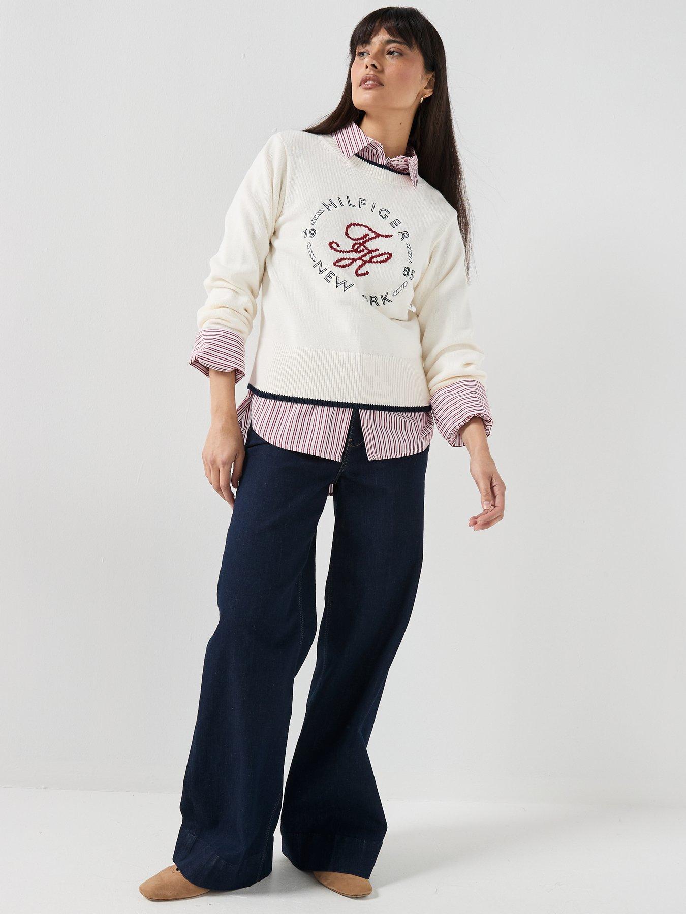 Image 3 of 6 of Tommy Hilfiger Logo Embroidery Relaxed Crew Neck Jumper - Cream