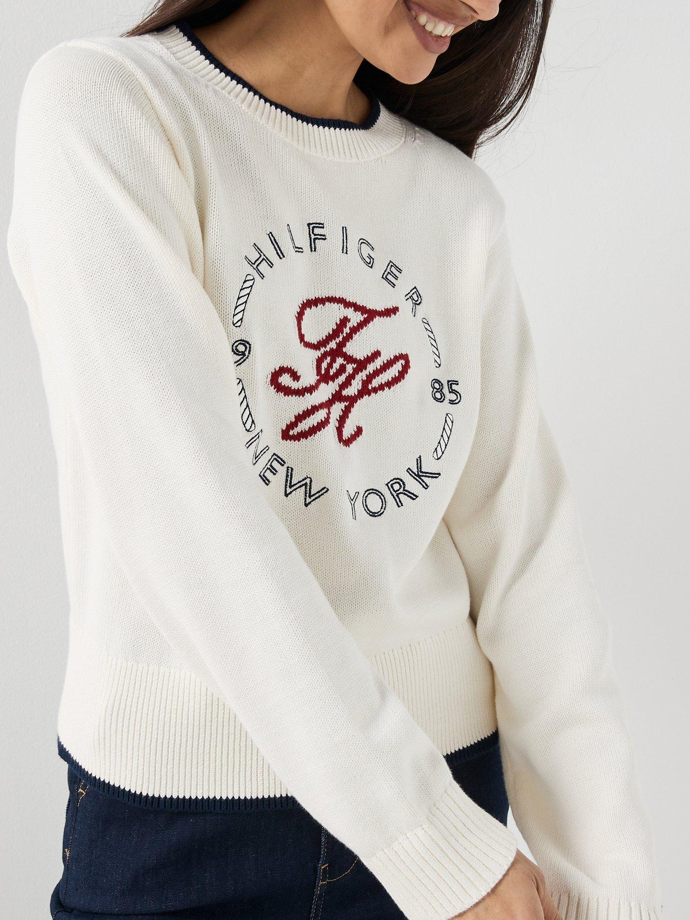 Image 4 of 6 of Tommy Hilfiger Logo Embroidery Relaxed Crew Neck Jumper - Cream