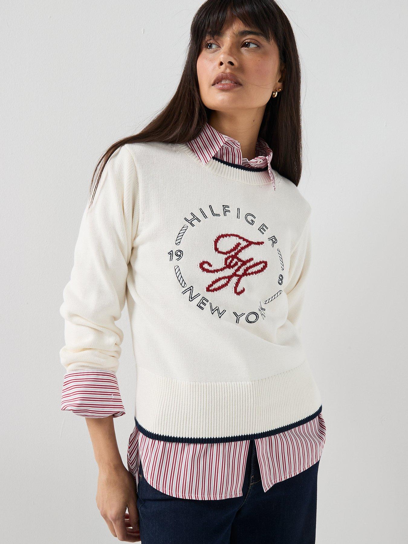 Image 5 of 6 of Tommy Hilfiger Logo Embroidery Relaxed Crew Neck Jumper - Cream