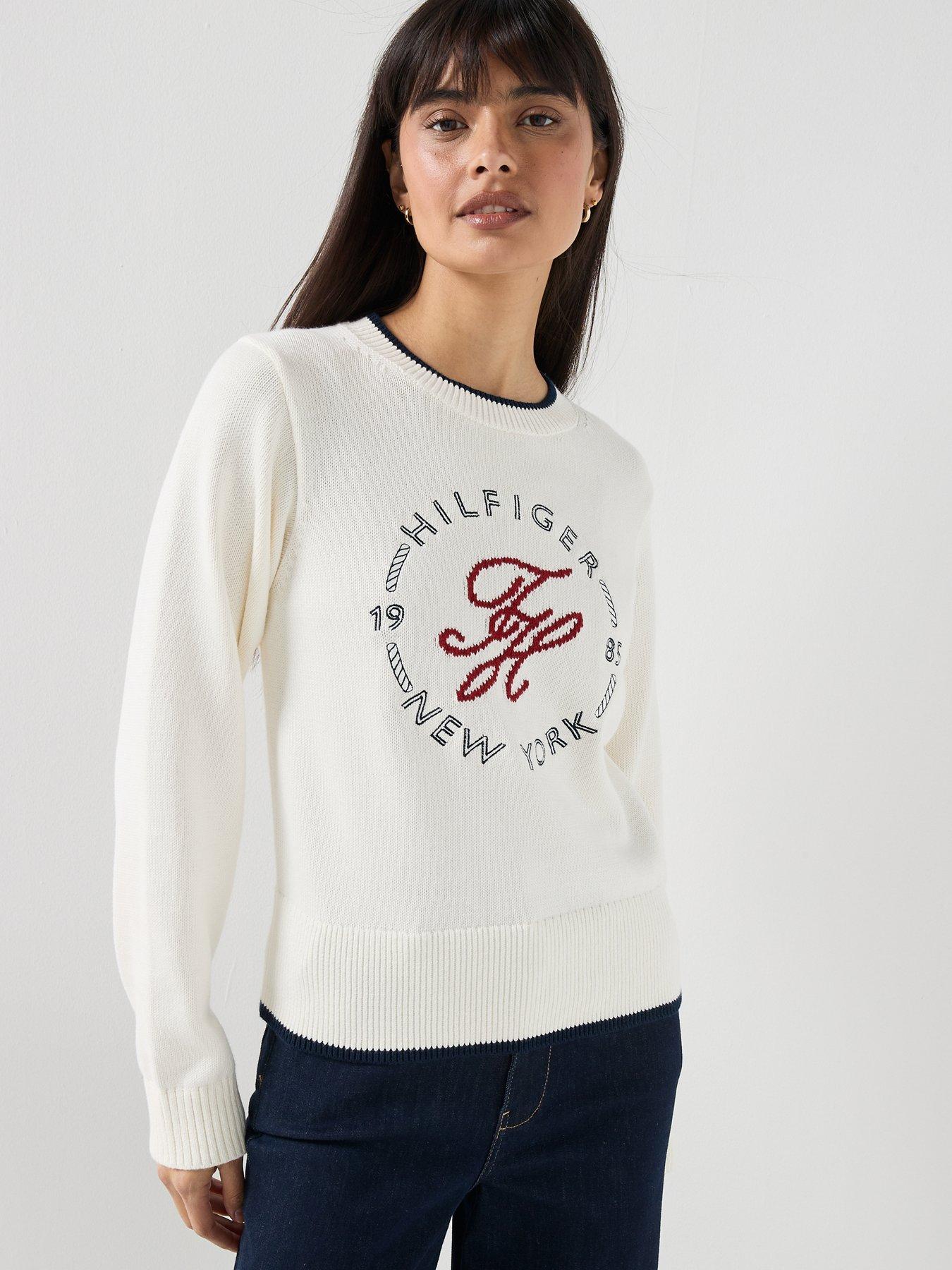 Image 6 of 6 of Tommy Hilfiger Logo Embroidery Relaxed Crew Neck Jumper - Cream