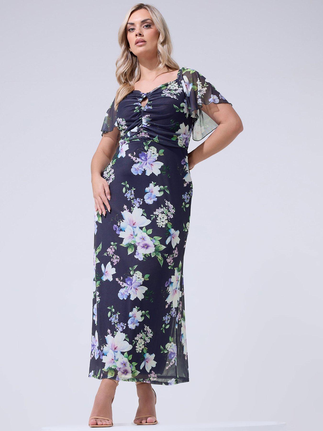 Image 1 of 5 of Yours Curve Keyhole Mesh Maxi Dress - Blue