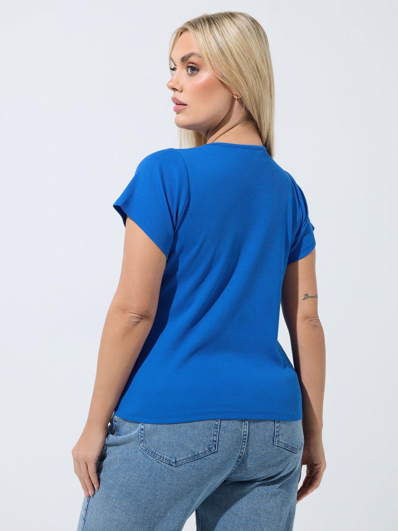 Yours Curve Short Sleeve Button Ribbed Top - Blue | Very