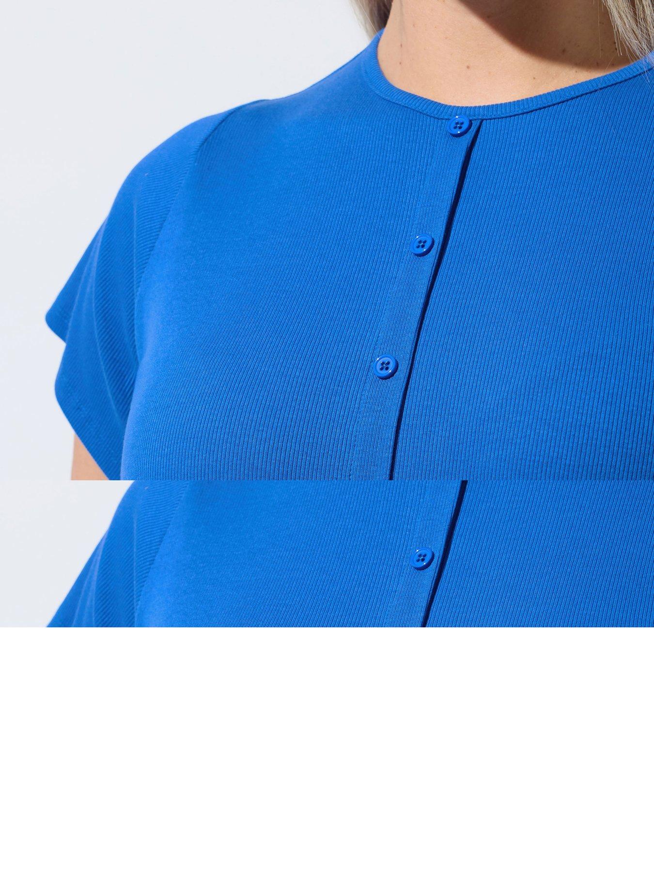Yours Curve Short Sleeve Button Ribbed Top - Blue | Very
