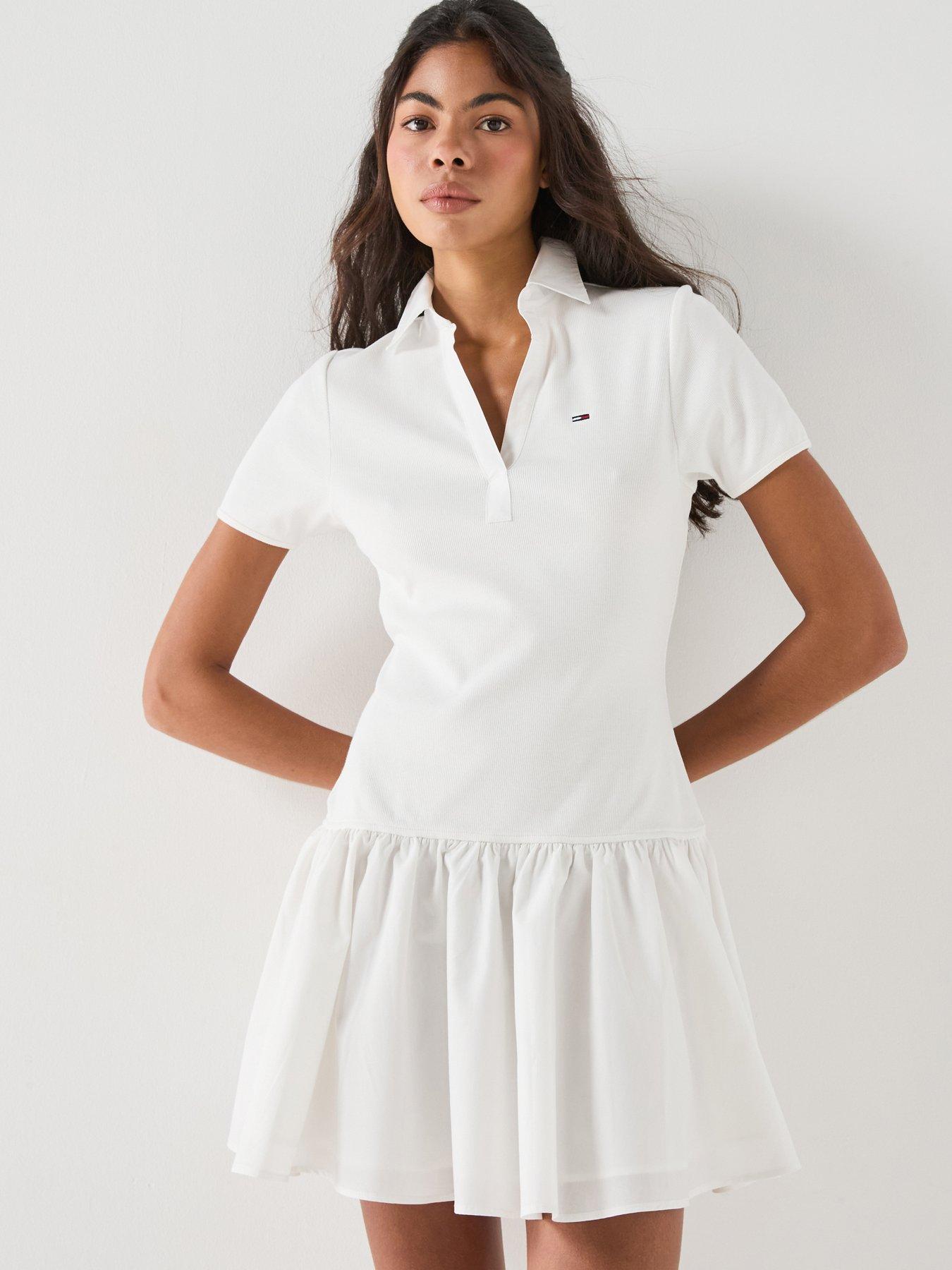 Image 1 of 5 of Tommy Jeans Slim Ribbed Poplin Polo Mini Dress - Cream