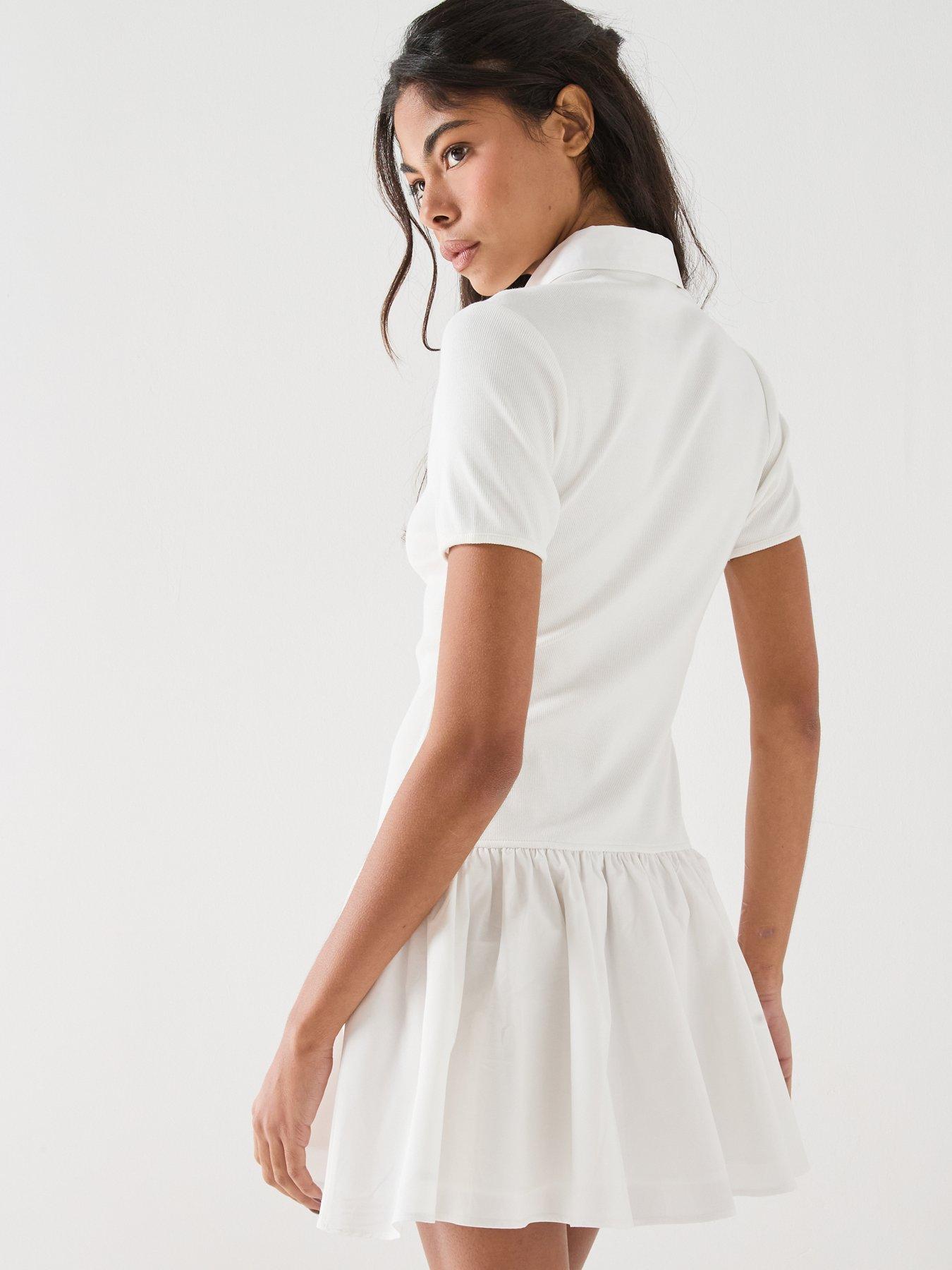 Image 2 of 5 of Tommy Jeans Slim Ribbed Poplin Polo Mini Dress - Cream