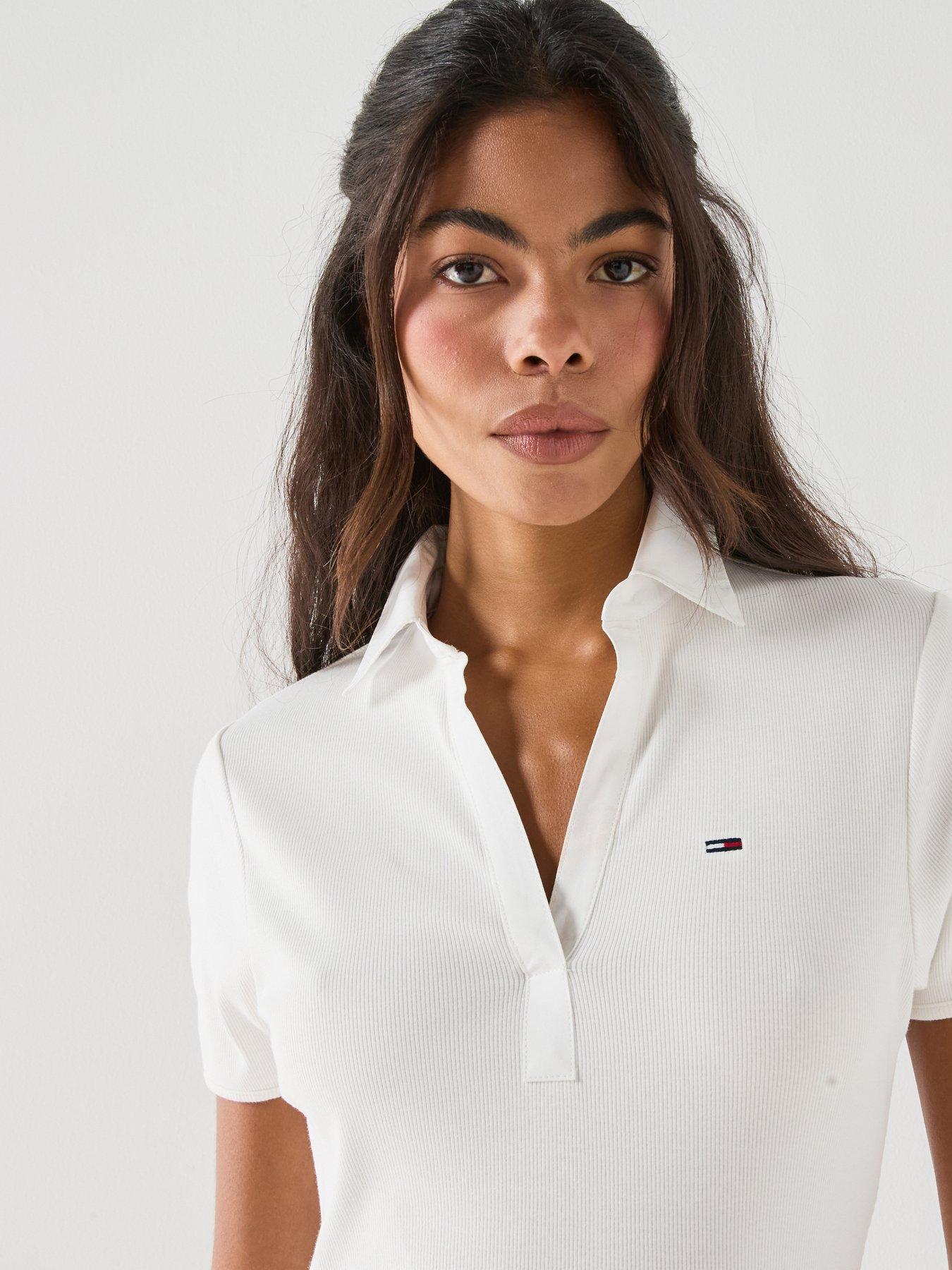 Image 4 of 5 of Tommy Jeans Slim Ribbed Poplin Polo Mini Dress - Cream
