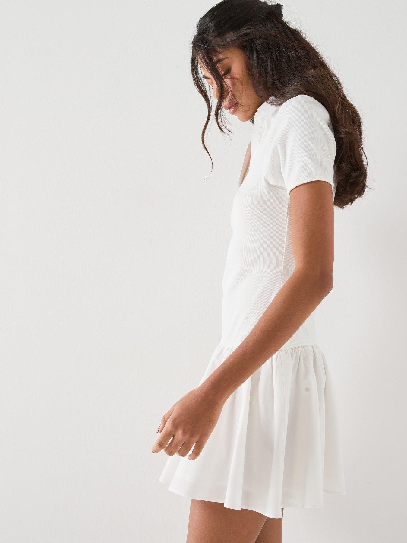 Image 5 of 5 of Tommy Jeans Slim Ribbed Poplin Polo Mini Dress - Cream