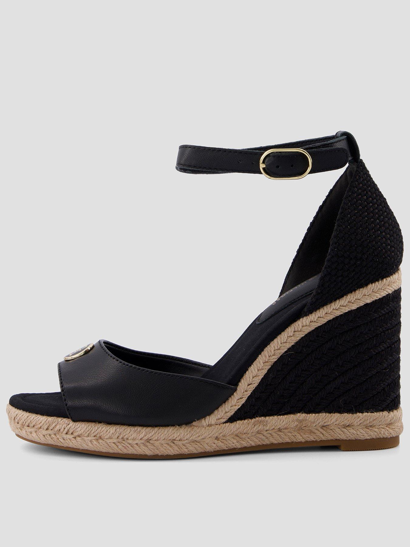 Image 1 of 6 of Tommy Hilfiger Logo Plaque Leather Wedge Heel Espadrilles - Black