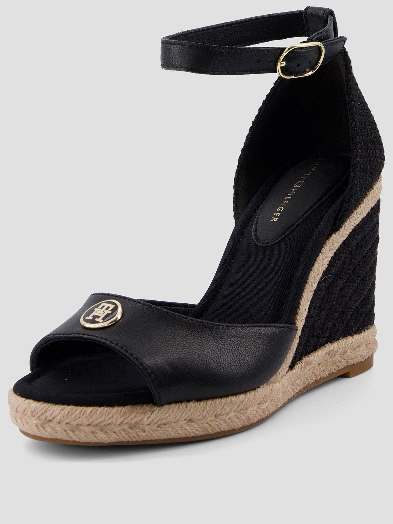 Image 2 of 6 of Tommy Hilfiger Logo Plaque Leather Wedge Heel Espadrilles - Black
