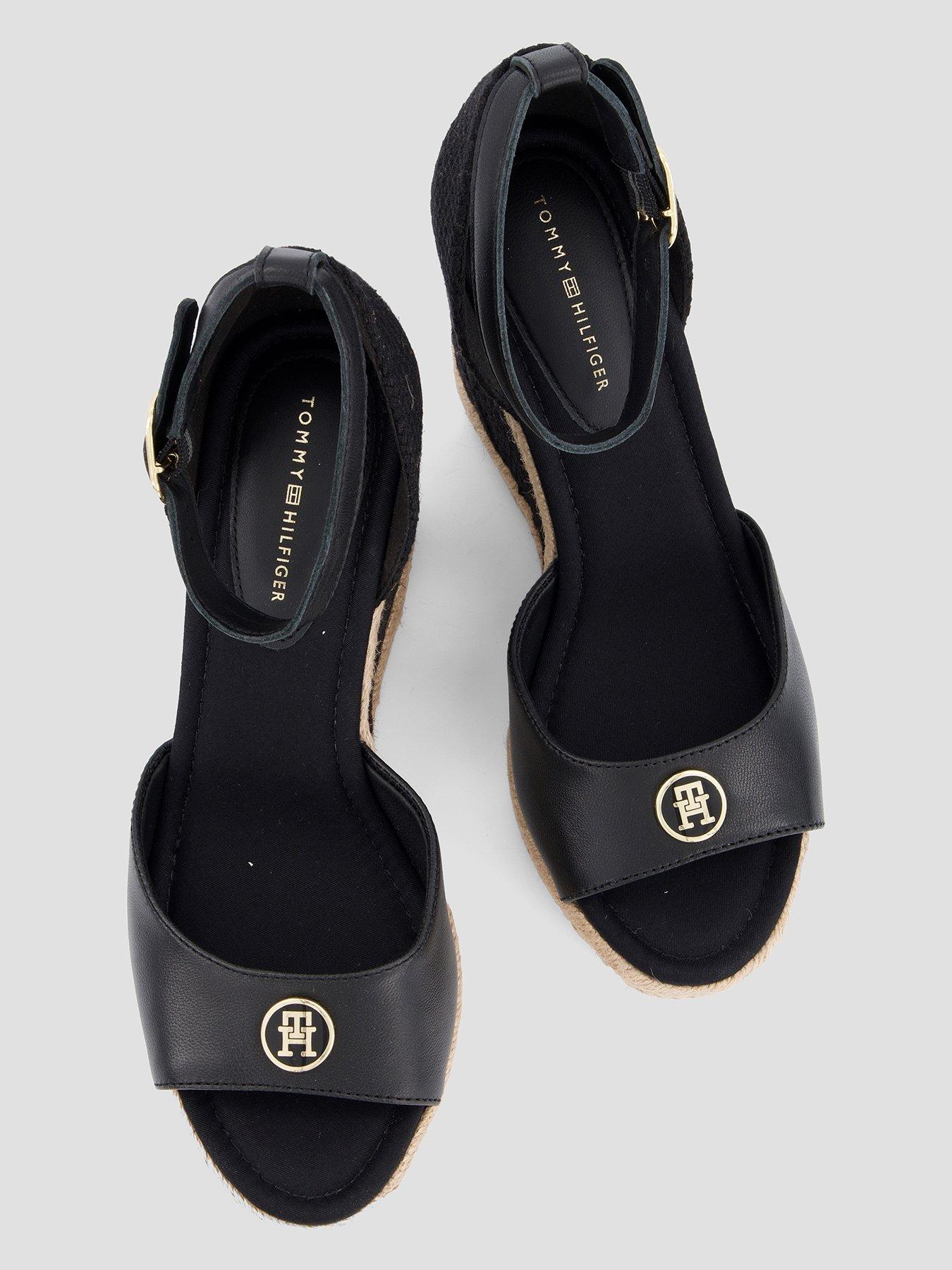 Image 3 of 6 of Tommy Hilfiger Logo Plaque Leather Wedge Heel Espadrilles - Black