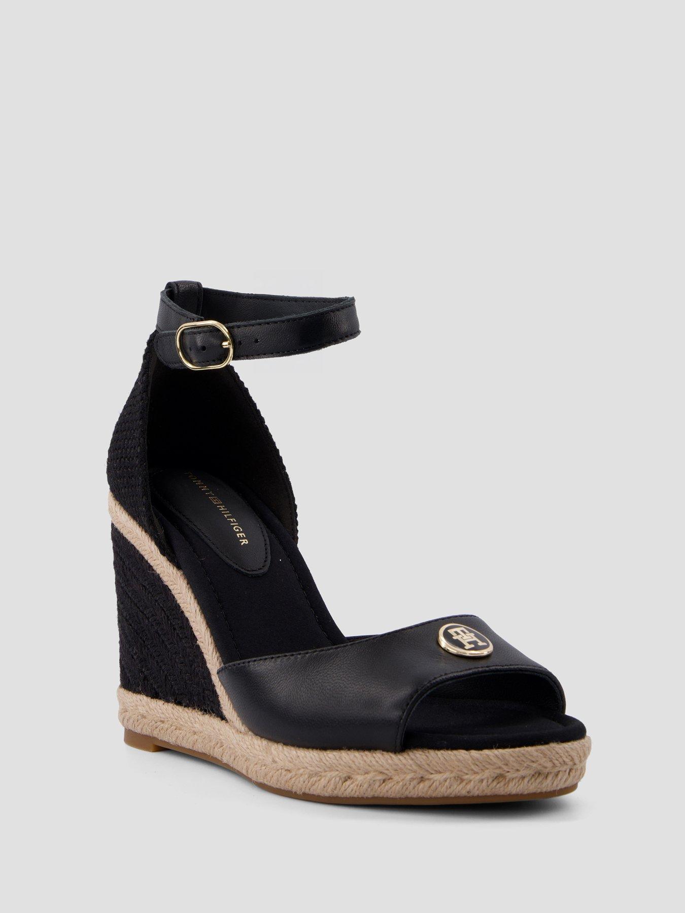 Image 6 of 6 of Tommy Hilfiger Logo Plaque Leather Wedge Heel Espadrilles - Black