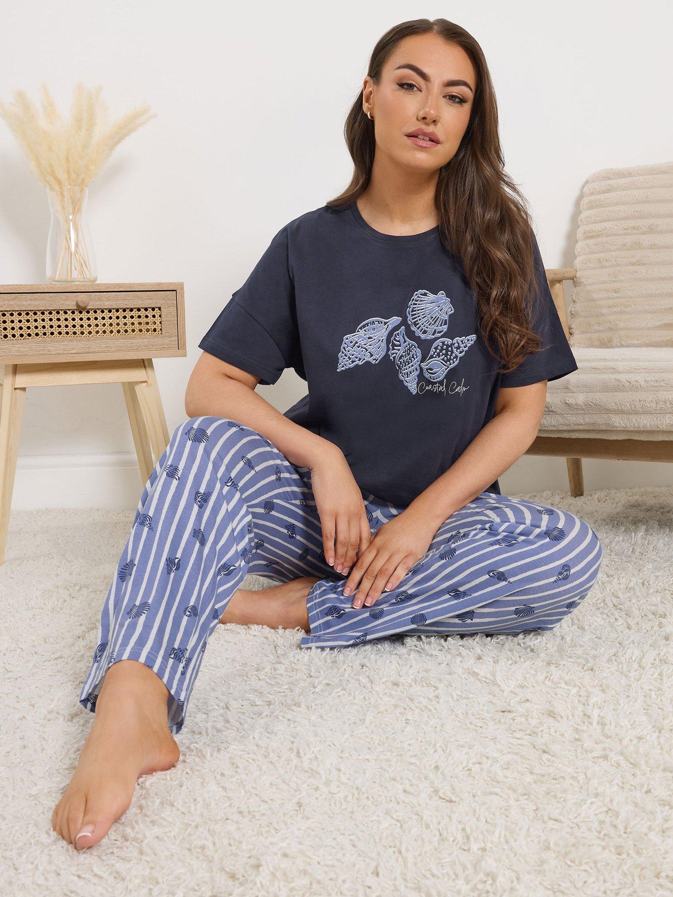 Yours Curve Shell Stripe Wide Leg Pyjama Set - Blue