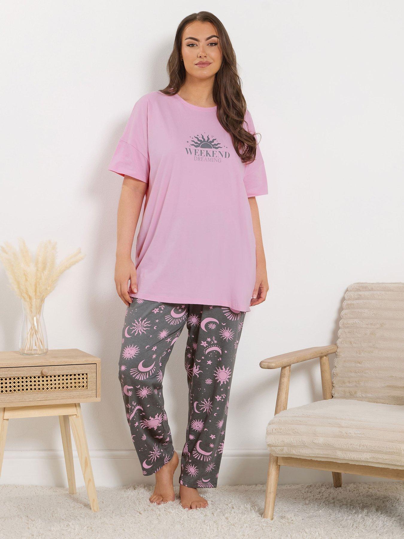 Image 3 of 5 of Yours Curve Weekend Dreaming Wide Leg Pyjama Set - Pink