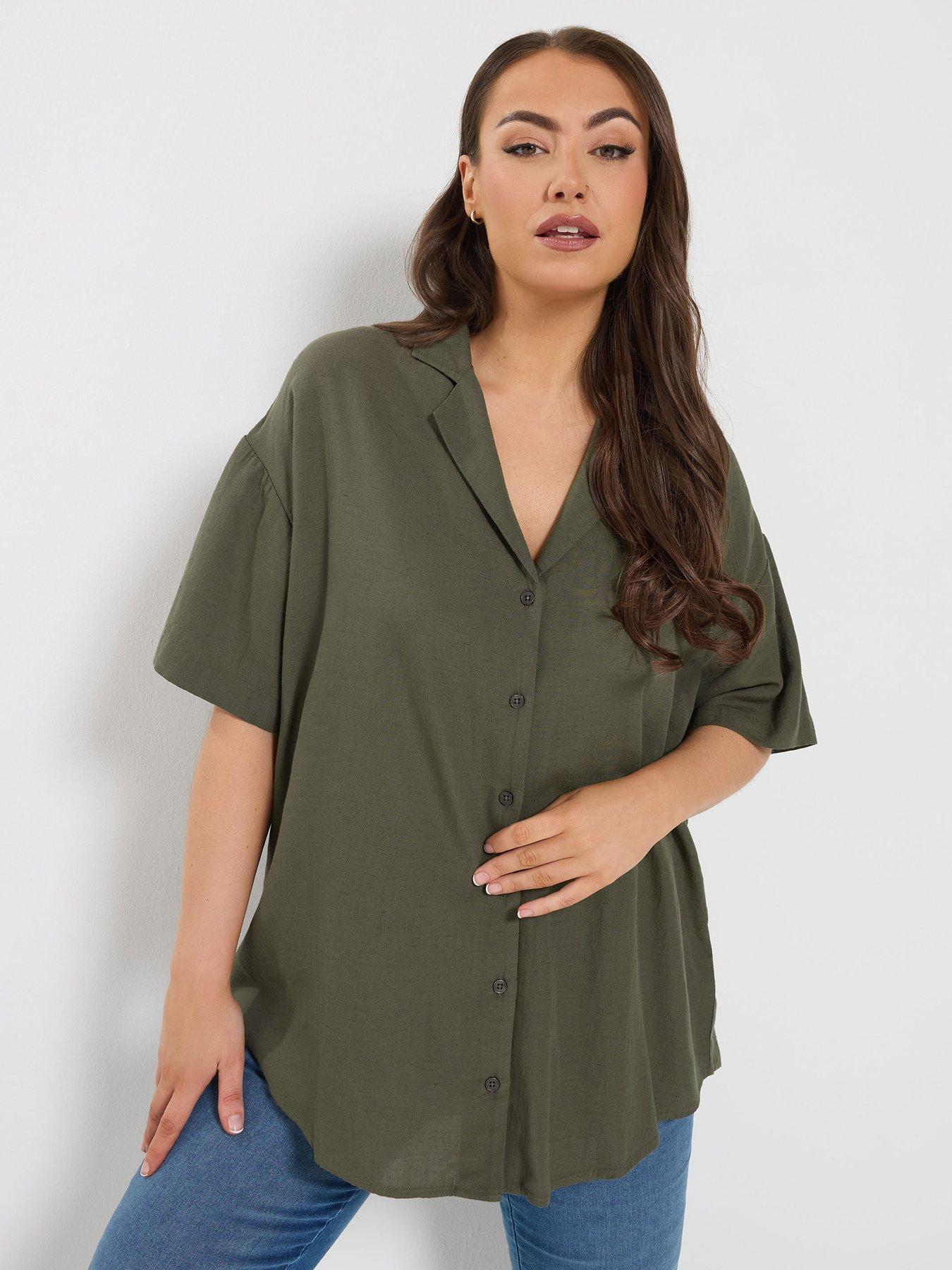 Image 1 of 5 of Yours Curve Linen Resort Shirt - Green